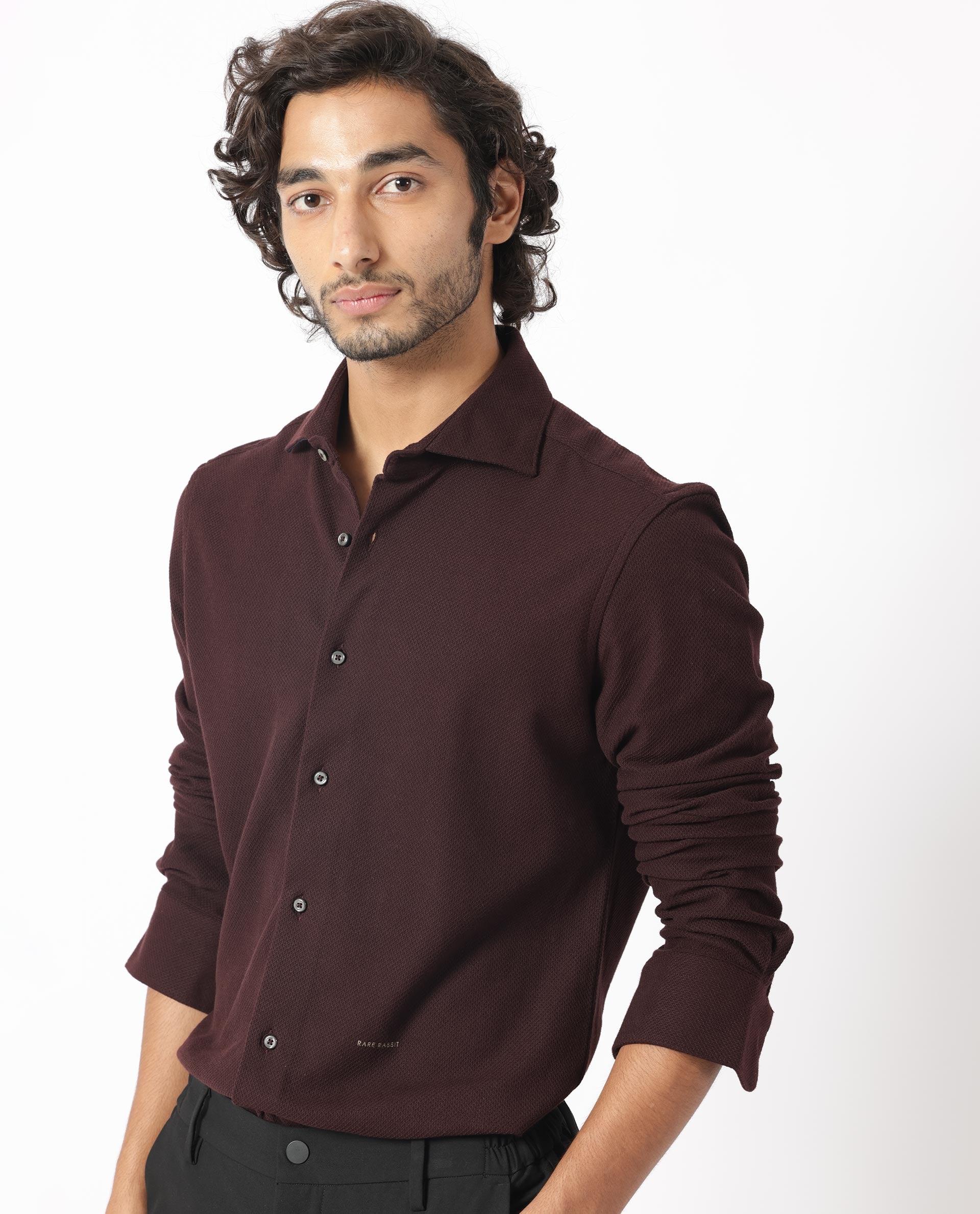 Rare Rabbit Men's Venizia Brown Cotton Fabric Full Sleeves Solid Waffle Knit Textured Shirt