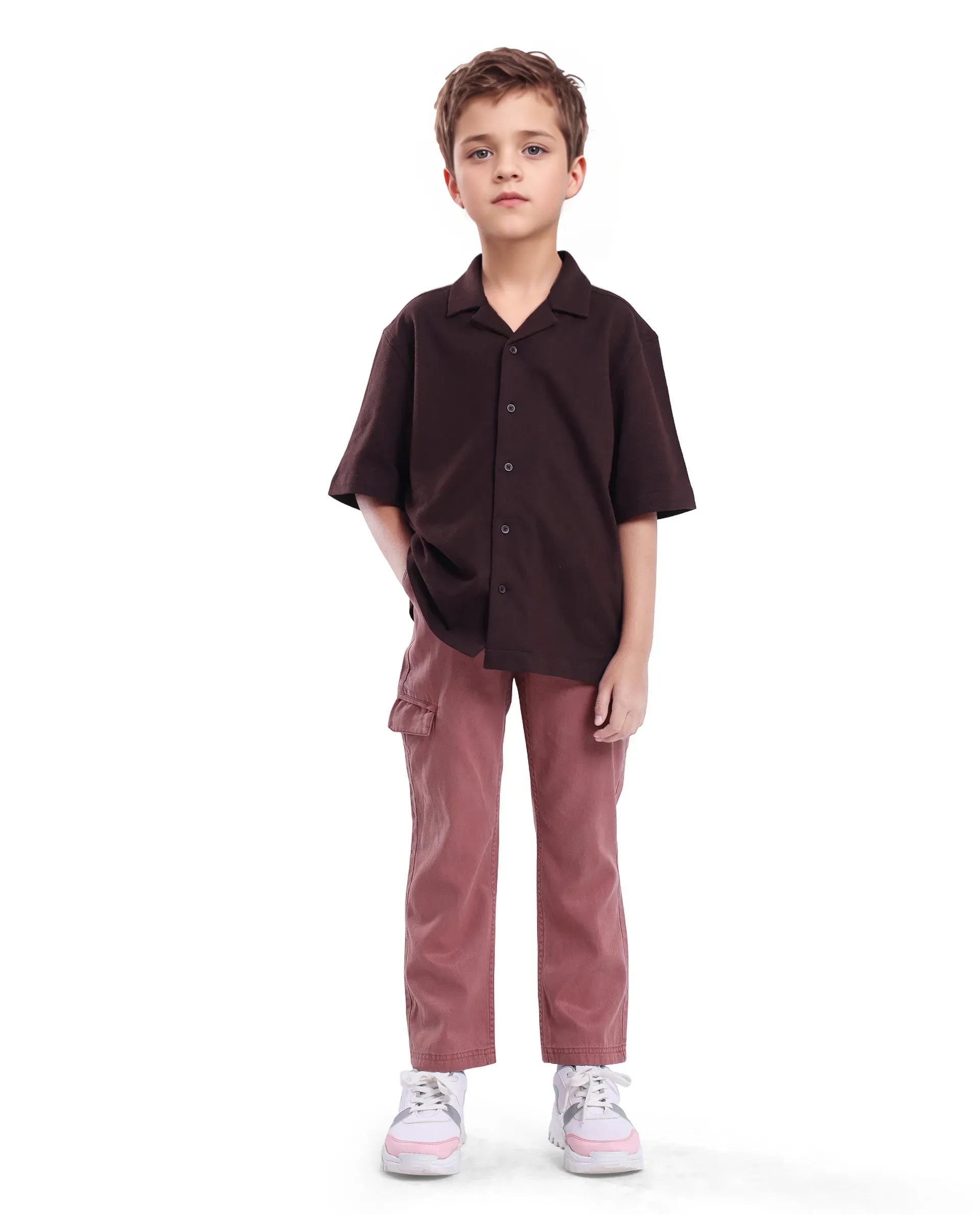 Rare Ones Kids Veno-S Brown Cotton Half Sleeve Button Solid Regular Fit Shirt
