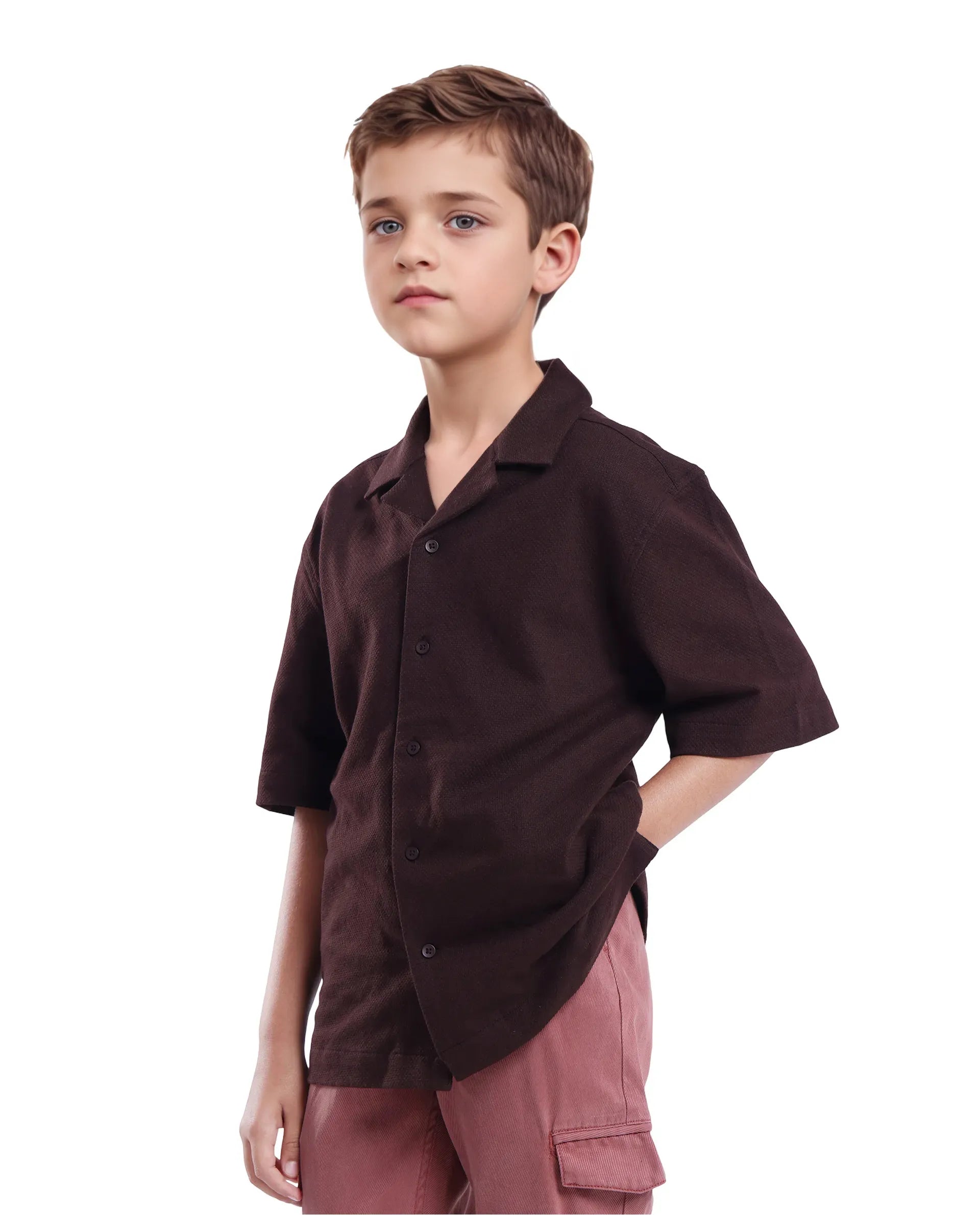 Rare Ones Kids Veno-S Brown Cotton Half Sleeve Button Solid Regular Fit Shirt