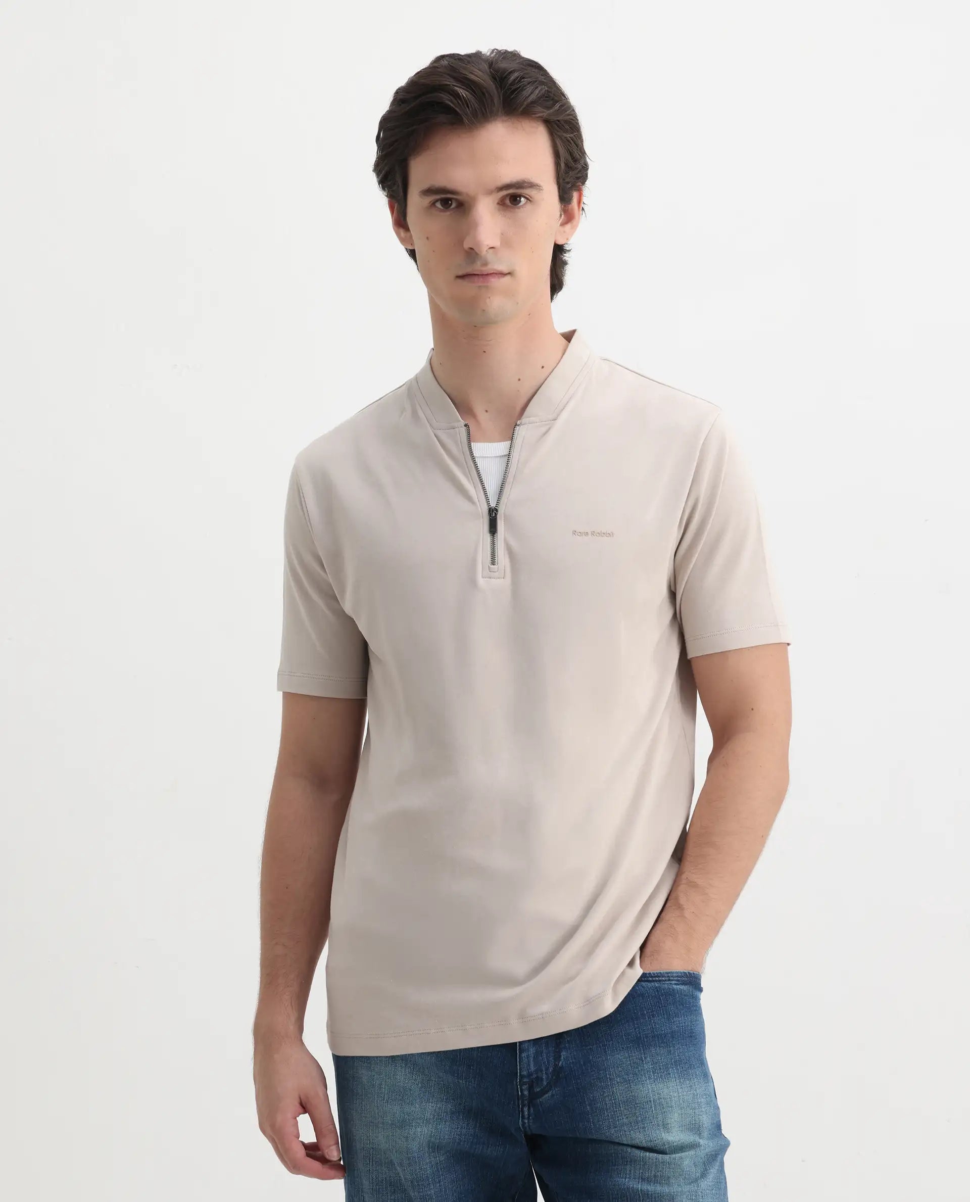Rare Rabbit Men's Veno Light Beige Cotton Plain Regular Fit Half Sleeve Polo