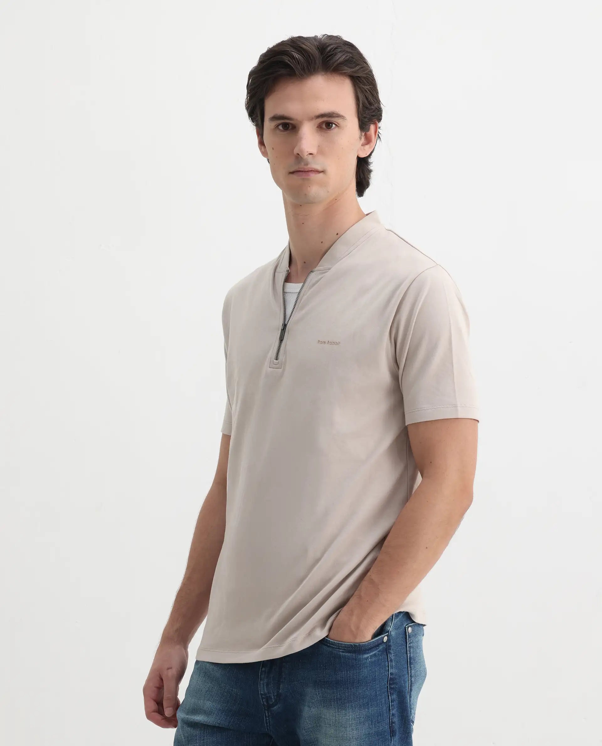 Rare Rabbit Men's Veno Light Beige Cotton Plain Regular Fit Half Sleeve Polo
