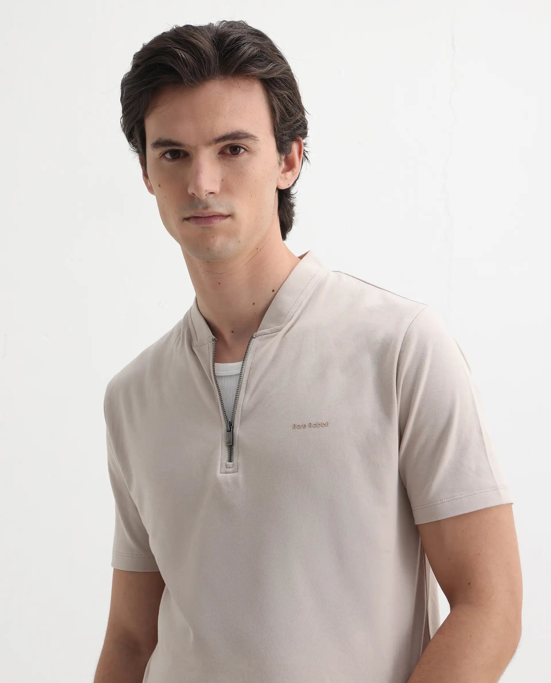 Rare Rabbit Men's Veno Light Beige Cotton Plain Regular Fit Half Sleeve Polo