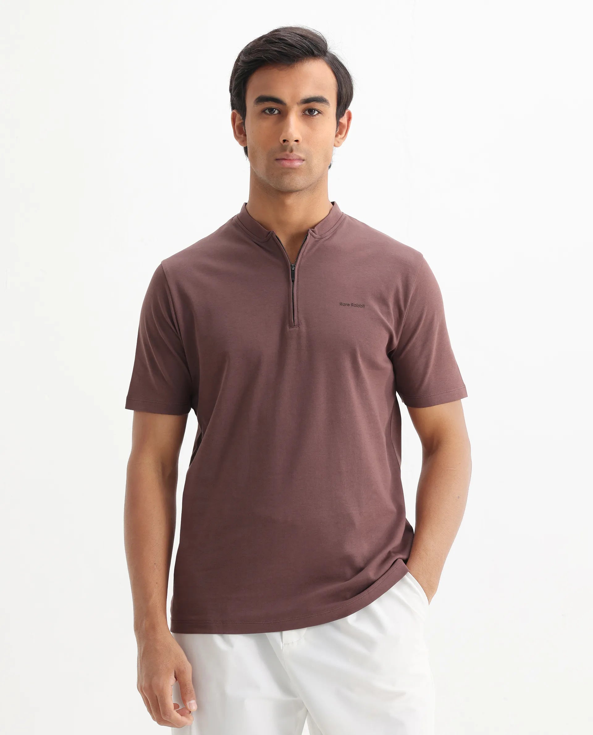 Rare Rabbit Men's Veno Brown Cotton Plain Regular Fit Half Sleeve Polo