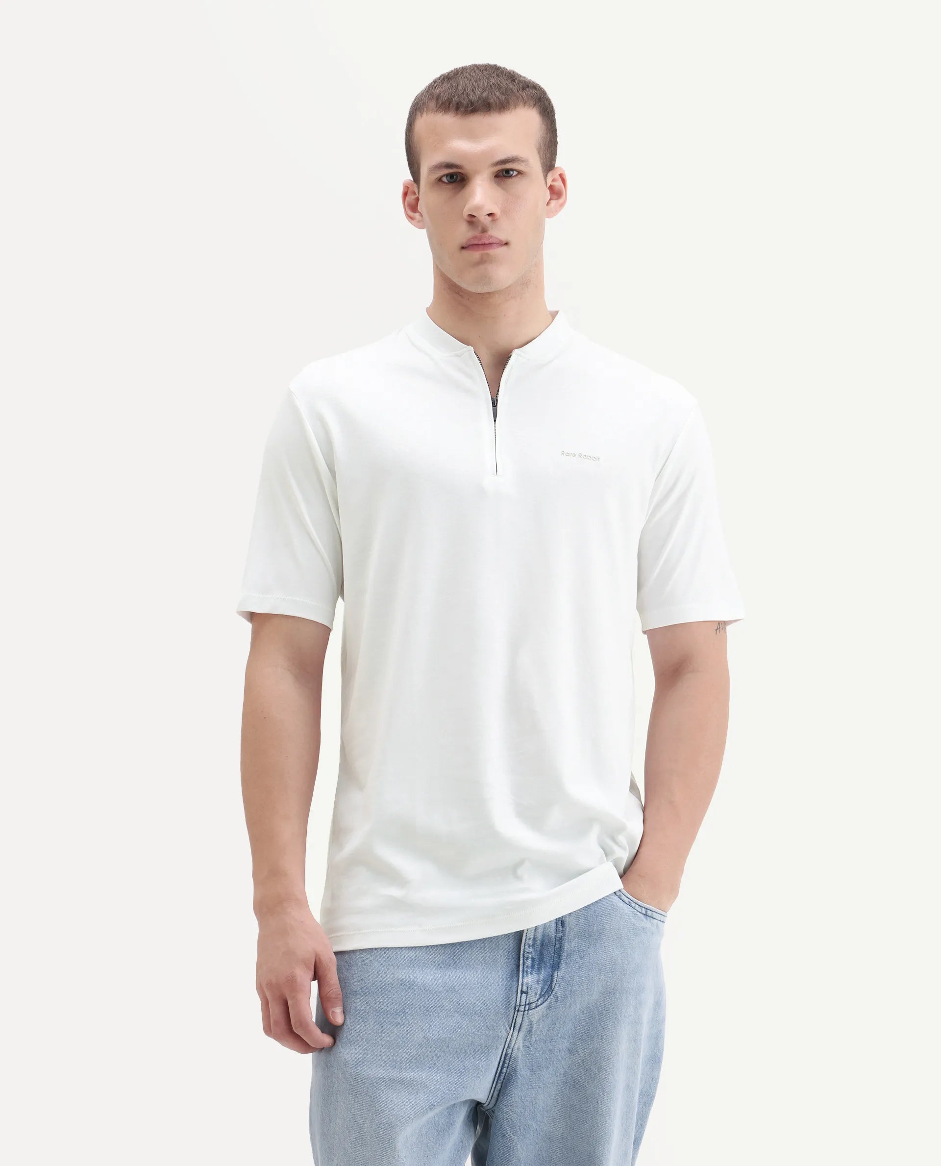 Rare Rabbit Men's Veno White Cotton Plain Regular Fit Half Sleeve Polo