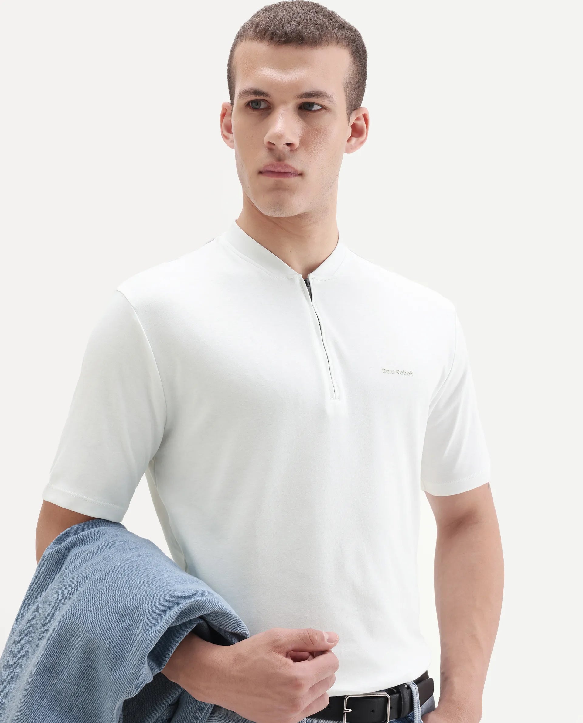 Rare Rabbit Men's Veno White Cotton Plain Regular Fit Half Sleeve Polo