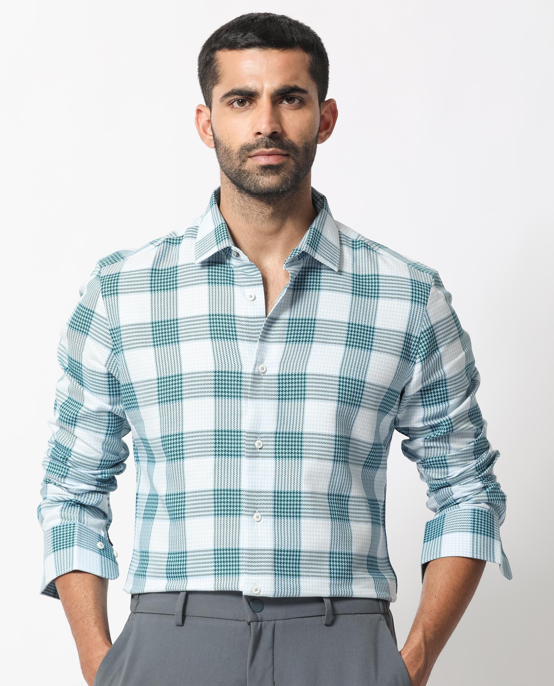 Rare Rabbit Men's Ventura Light Blue Cotton Fabric Full Sleeves Checks Shirt