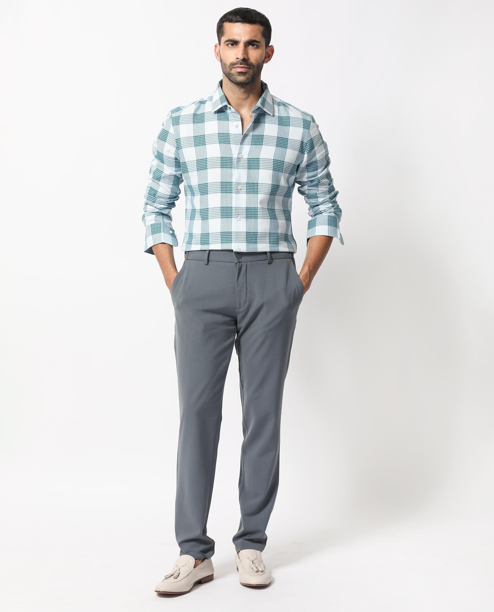 Rare Rabbit Men's Ventura Light Blue Cotton Fabric Full Sleeves Checks Shirt