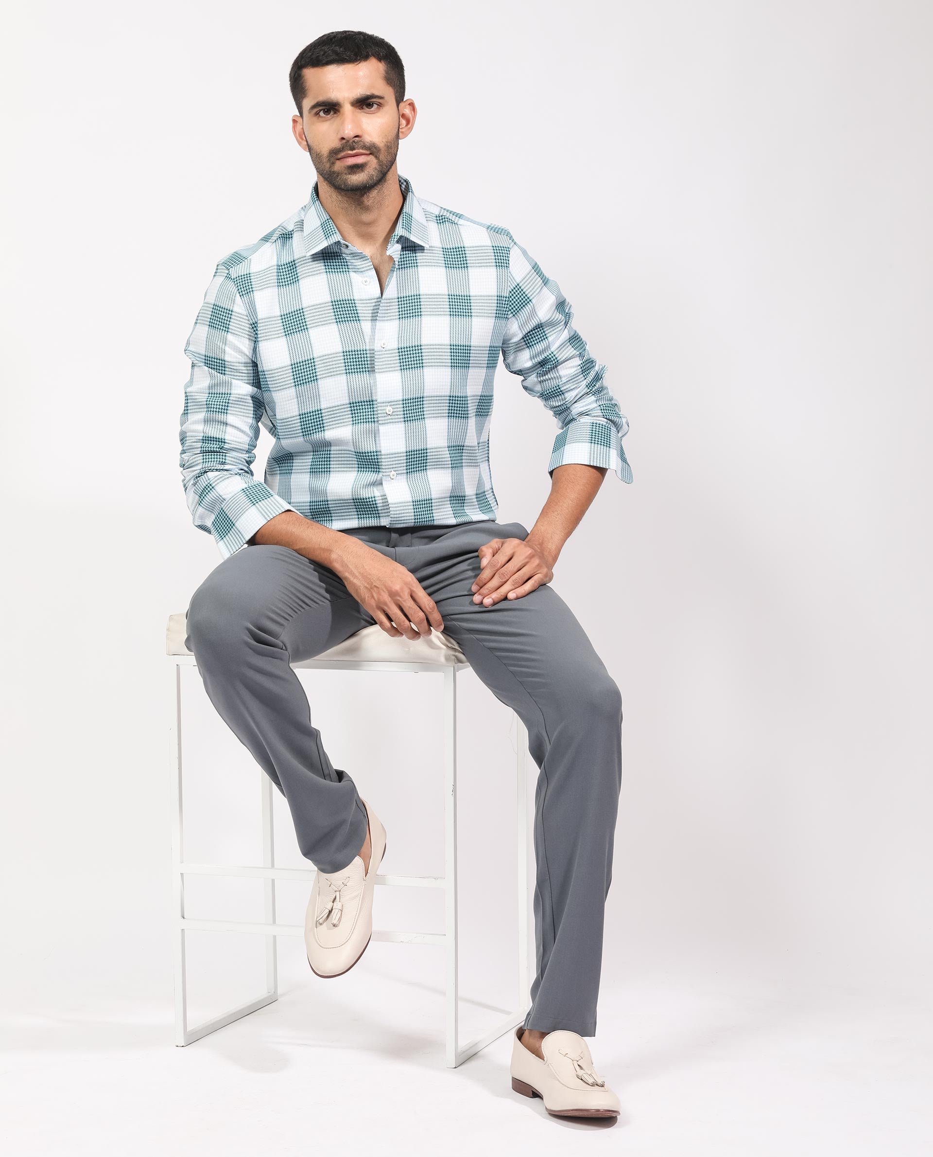 Rare Rabbit Men's Ventura Light Blue Cotton Fabric Full Sleeves Checks Shirt