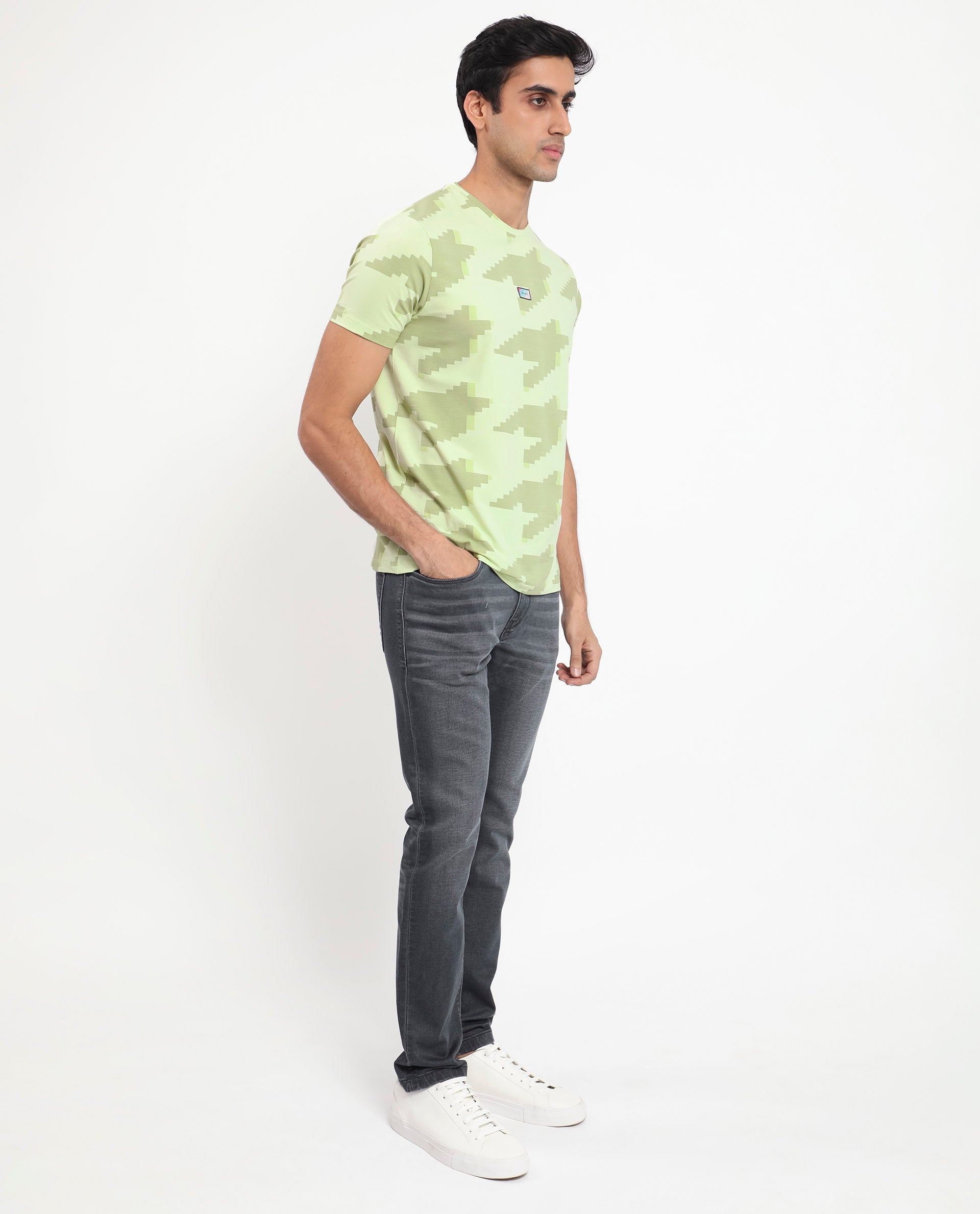 Rare Rabbit Men's Venus Light Green Crew Neck Houndstooth Print Half Sleeves Slim Fit T-Shirt