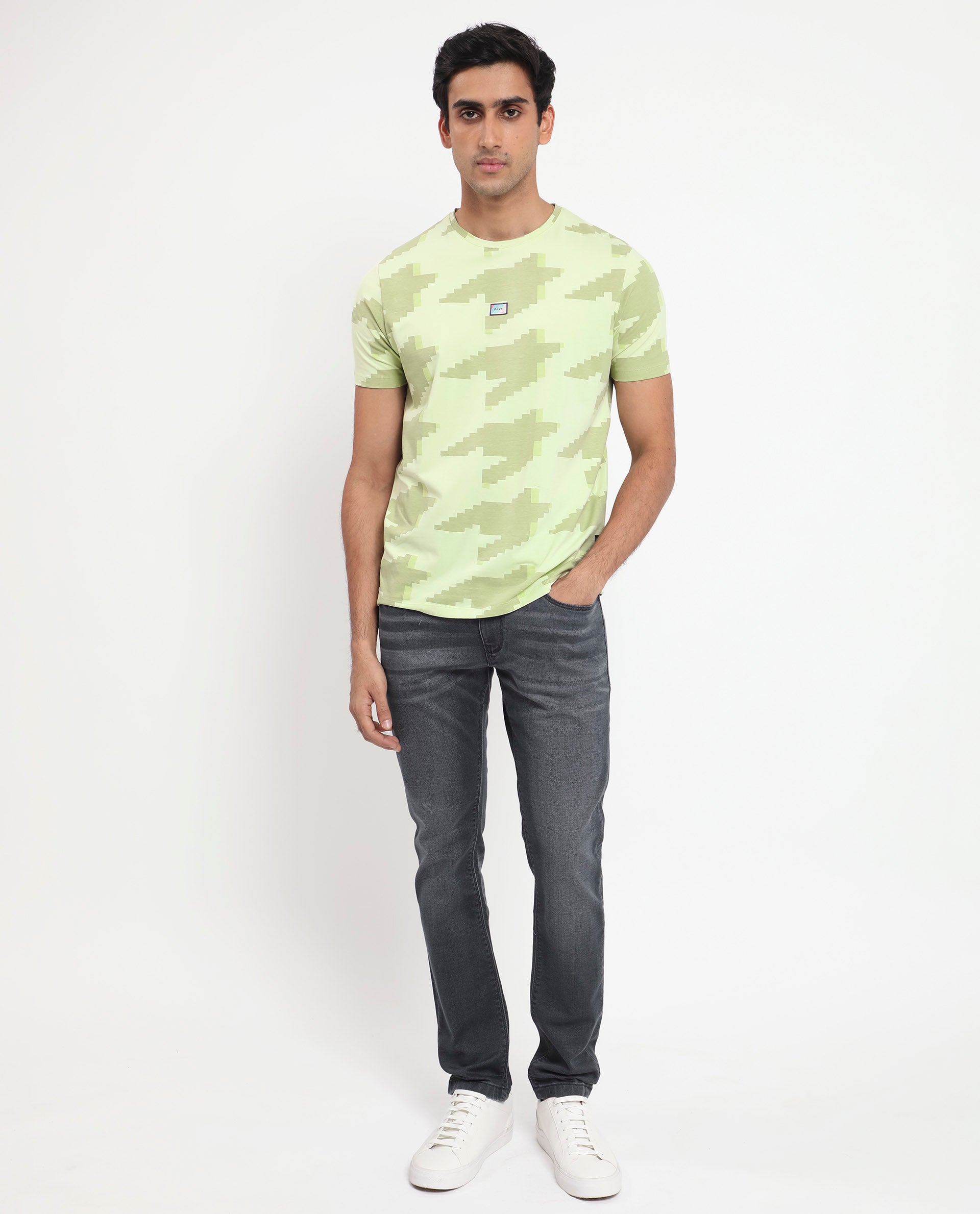 Rare Rabbit Men's Venus Light Green Crew Neck Houndstooth Print Half Sleeves Slim Fit T-Shirt
