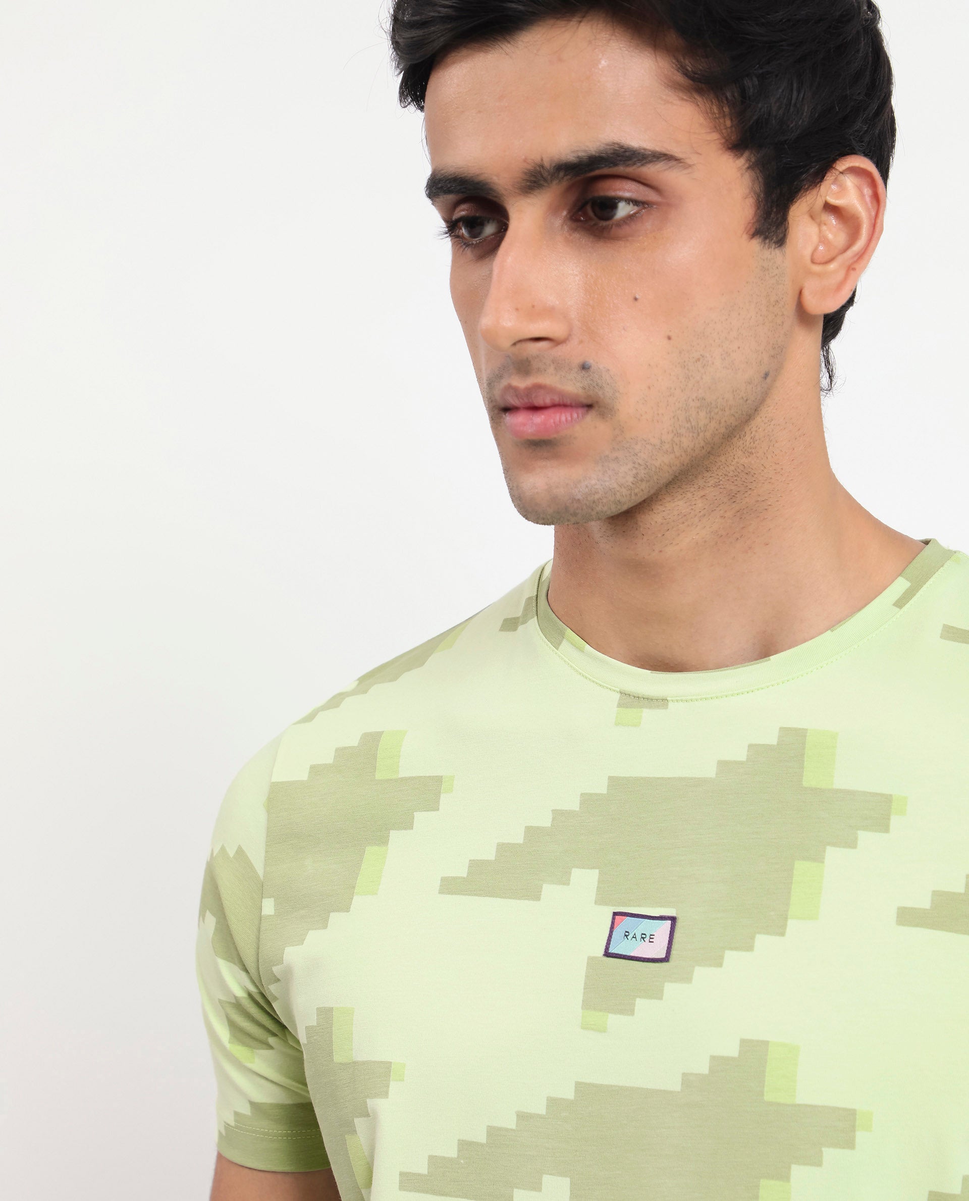 Rare Rabbit Men's Venus Light Green Crew Neck Houndstooth Print Half Sleeves Slim Fit T-Shirt
