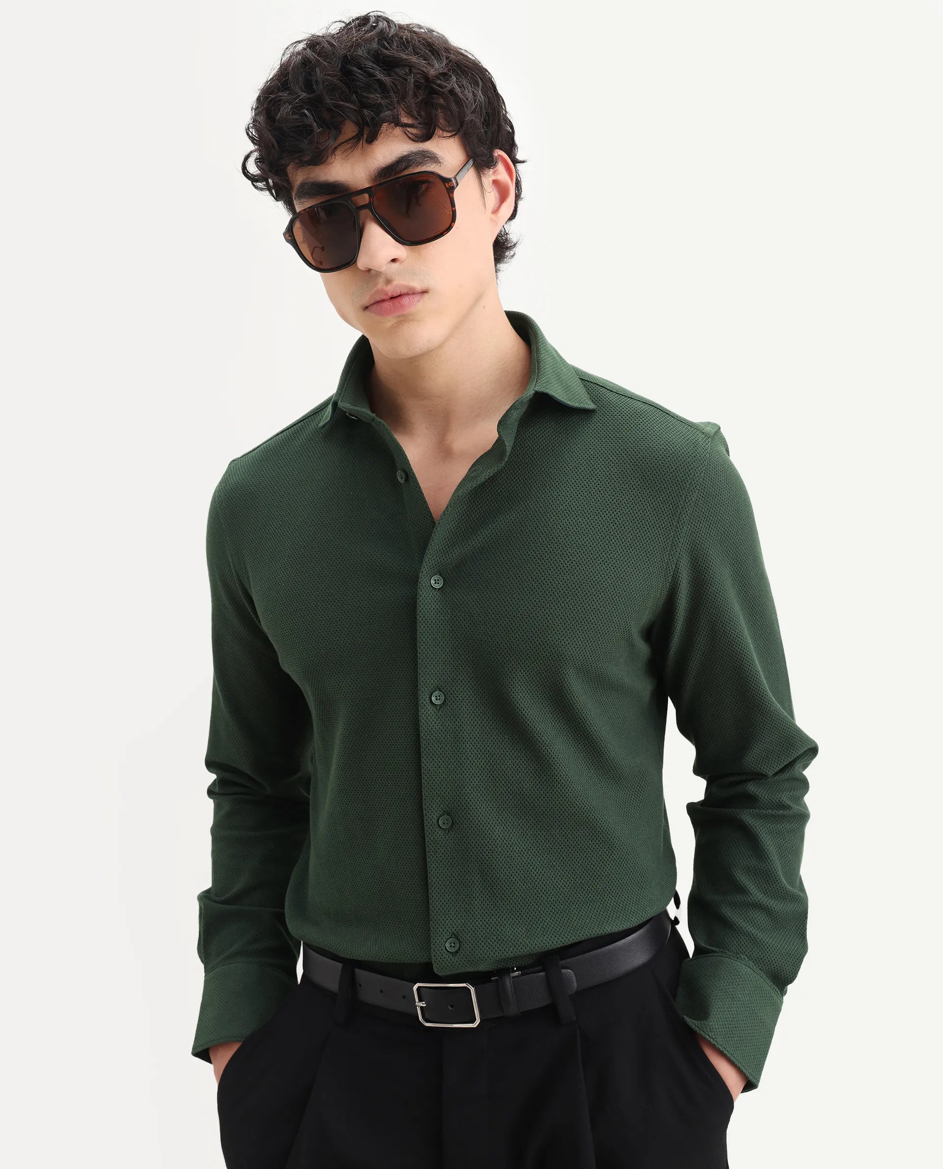 Rare Rabbit Men's Venziya-25 Dark Green Cotton Fabric Spread Collar Regular Fit Textured Shirt