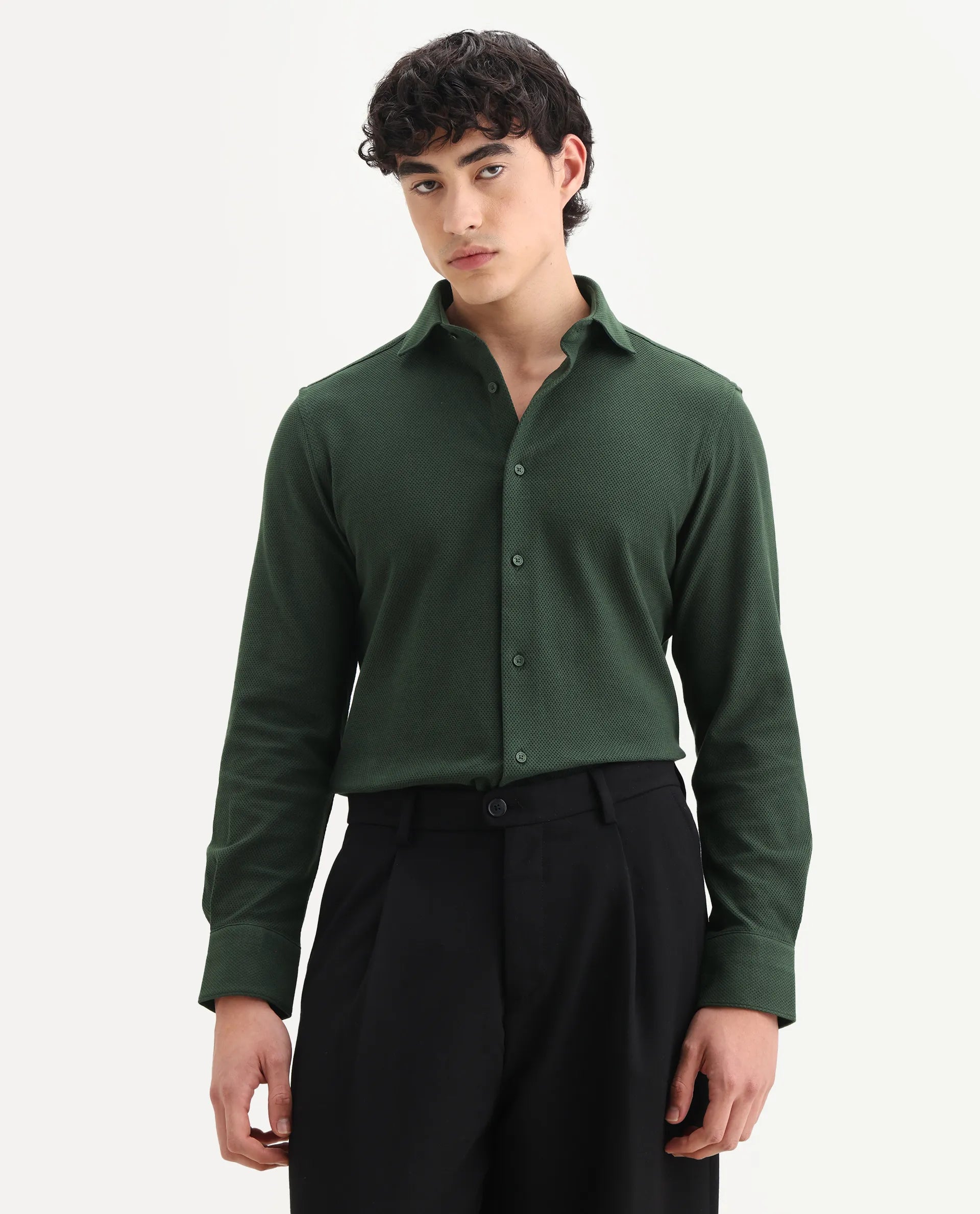Rare Rabbit Men's Venziya-25 Dark Green Cotton Fabric Spread Collar Regular Fit Textured Shirt
