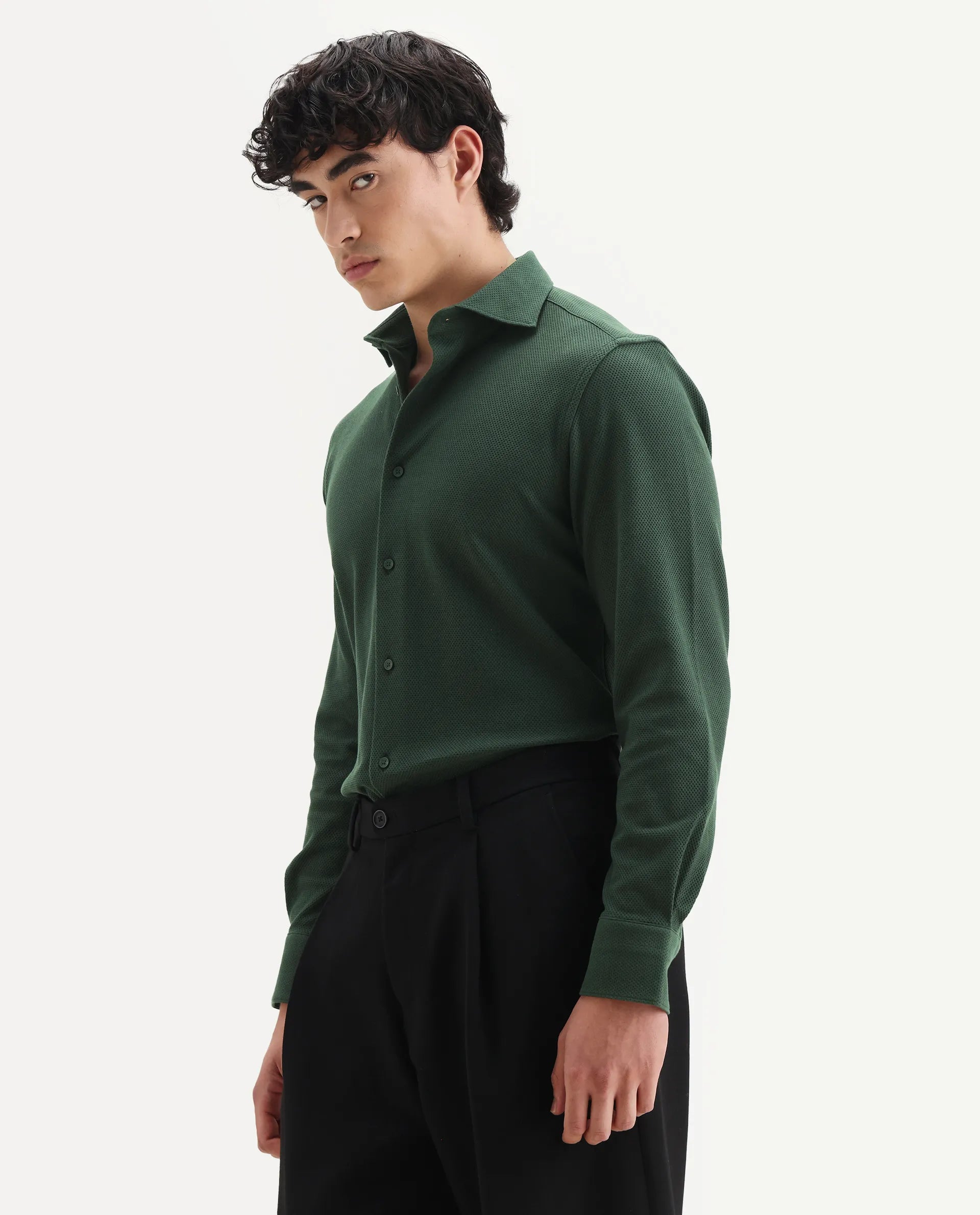 Rare Rabbit Men's Venziya-25 Dark Green Cotton Fabric Spread Collar Regular Fit Textured Shirt