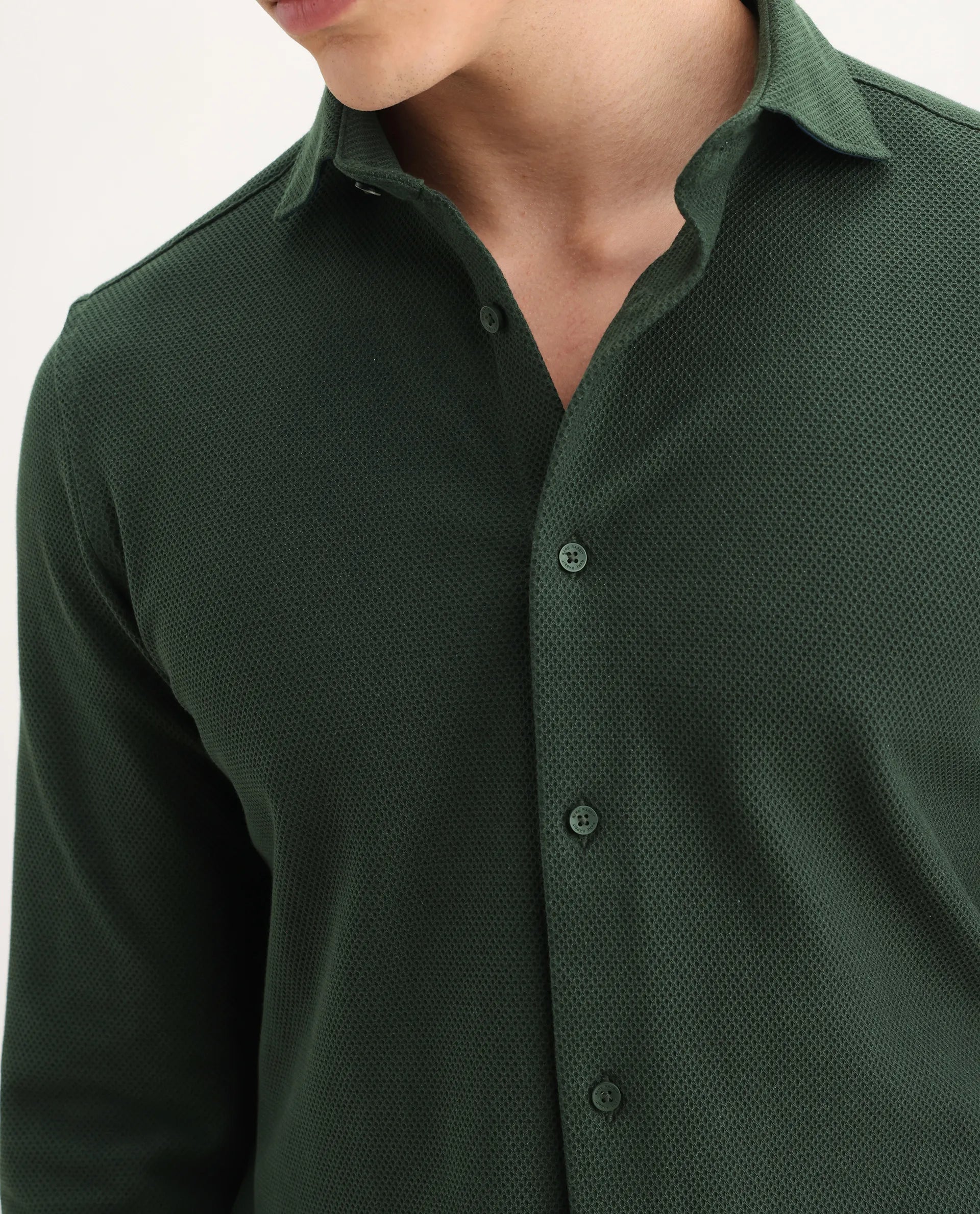 Rare Rabbit Men's Venziya-25 Dark Green Cotton Fabric Spread Collar Regular Fit Textured Shirt