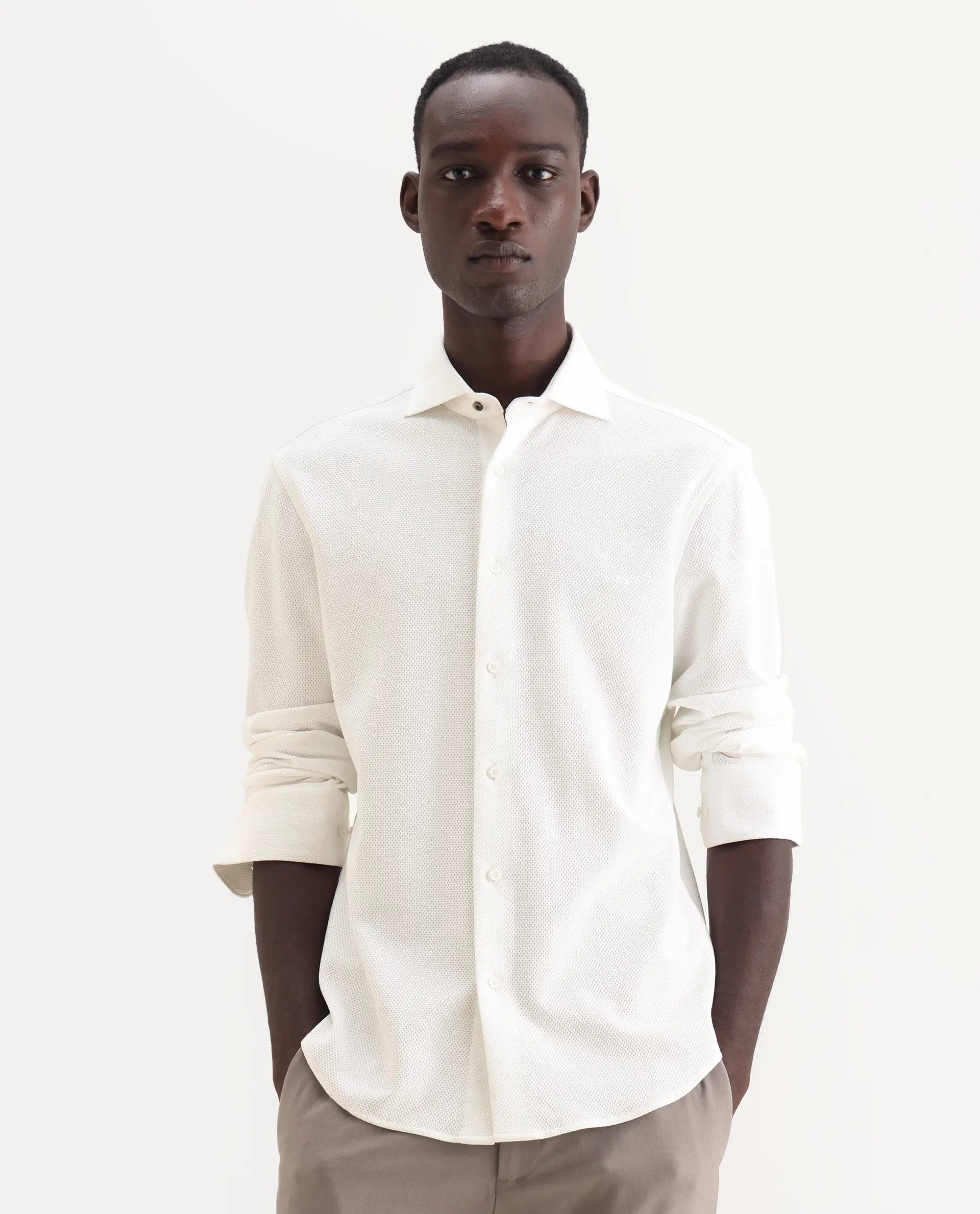 Rare Rabbit Men's Venziya-25 White Cotton Fabric Spread Collar Regular Fit Textured Shirt