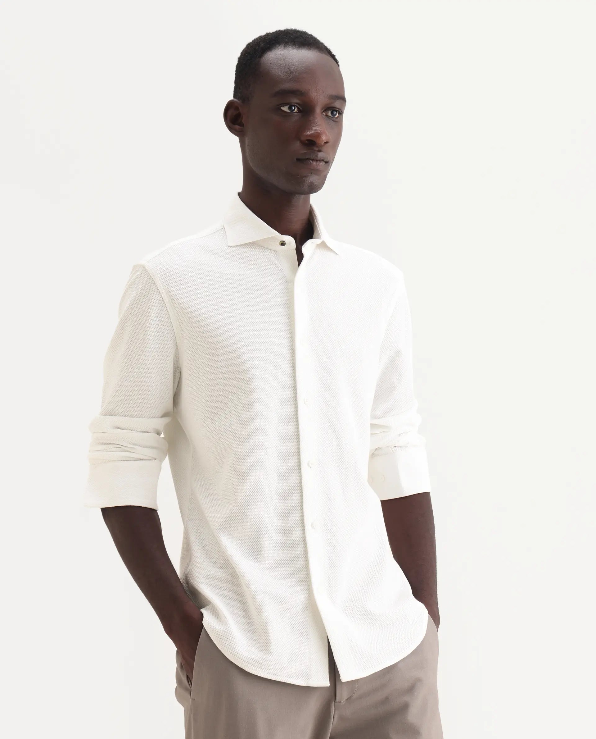 Rare Rabbit Men's Venziya-25 White Cotton Fabric Spread Collar Regular Fit Textured Shirt