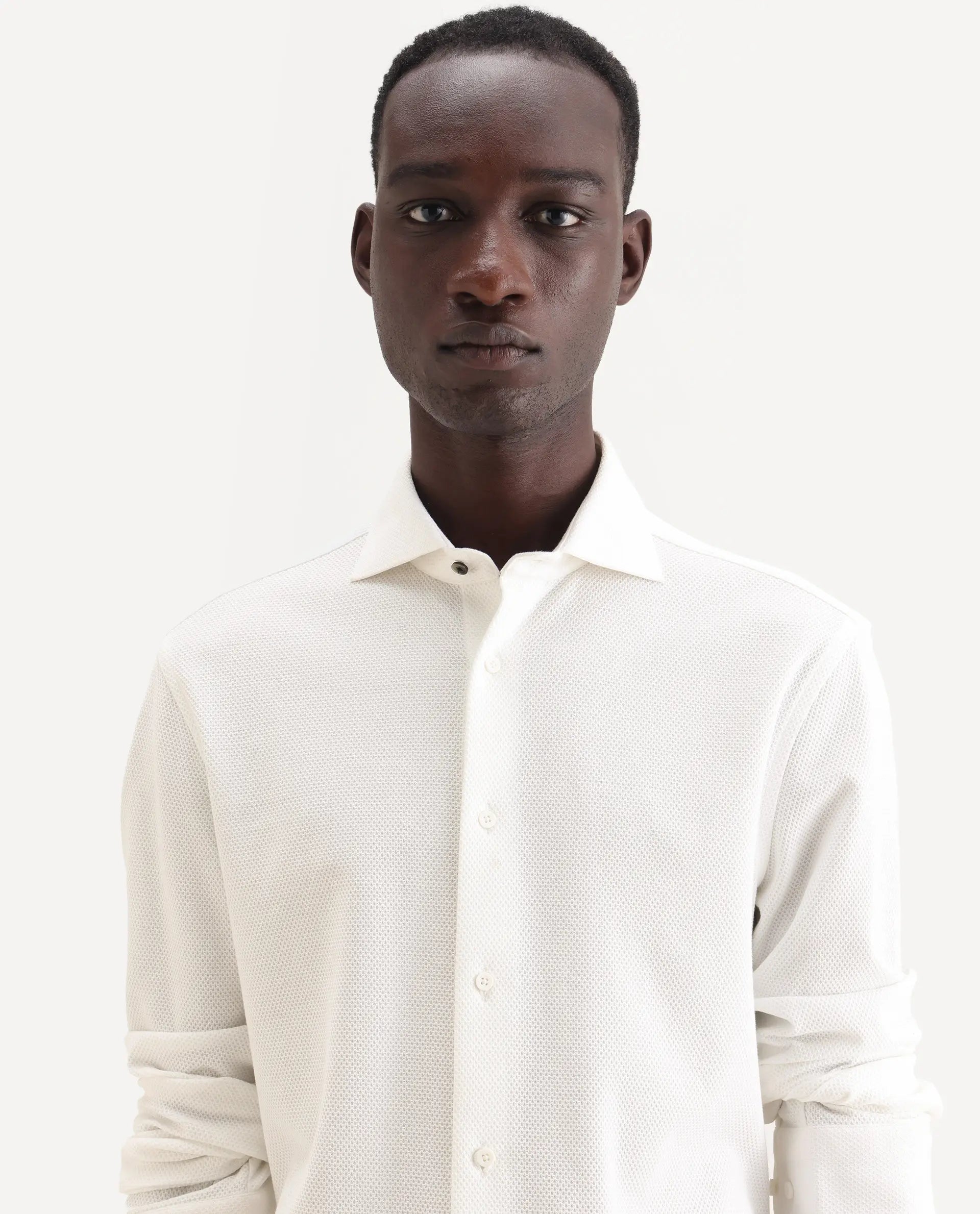 Rare Rabbit Men's Venziya-25 White Cotton Fabric Spread Collar Regular Fit Textured Shirt