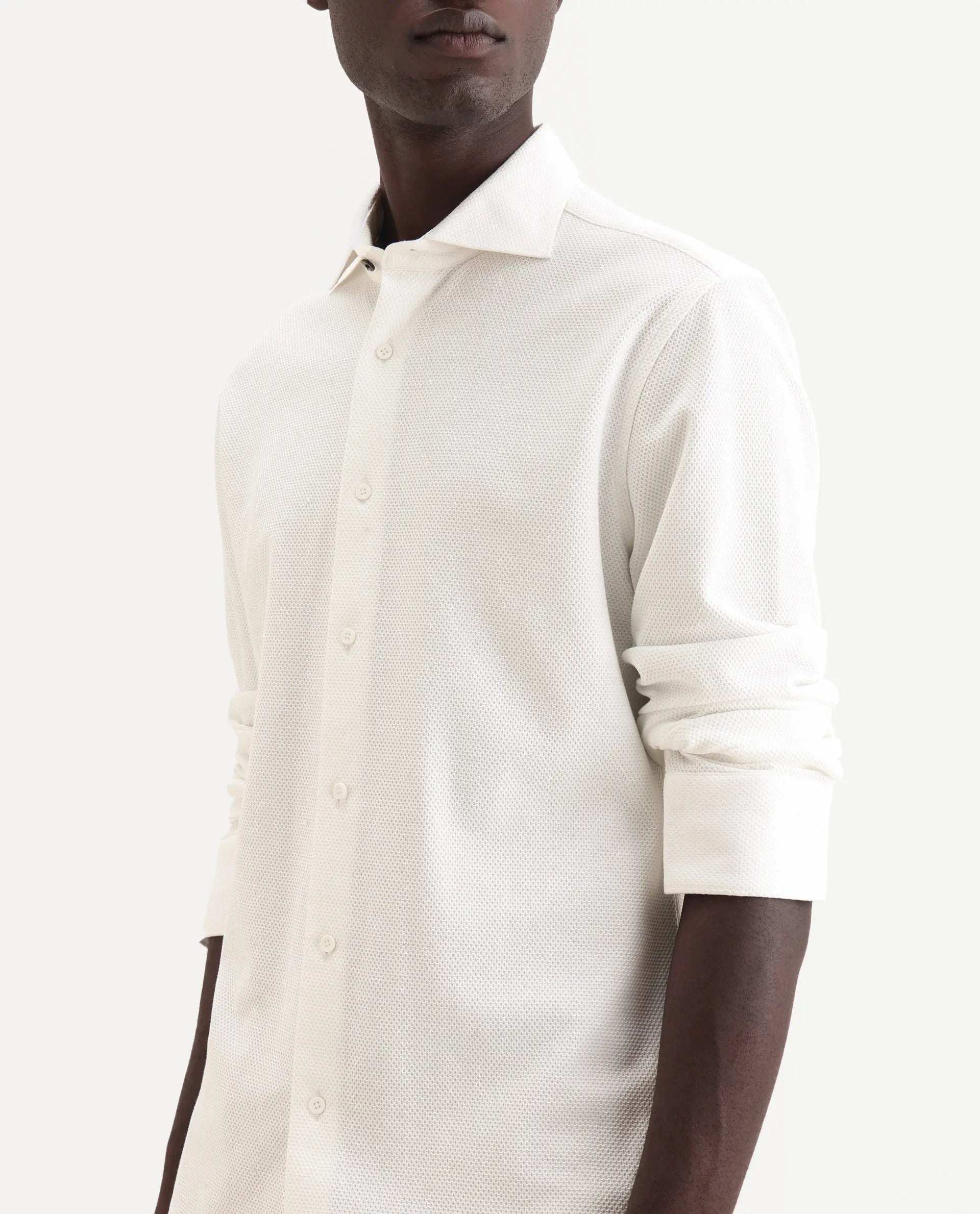 Rare Rabbit Men's Venziya-25 White Cotton Fabric Spread Collar Regular Fit Textured Shirt