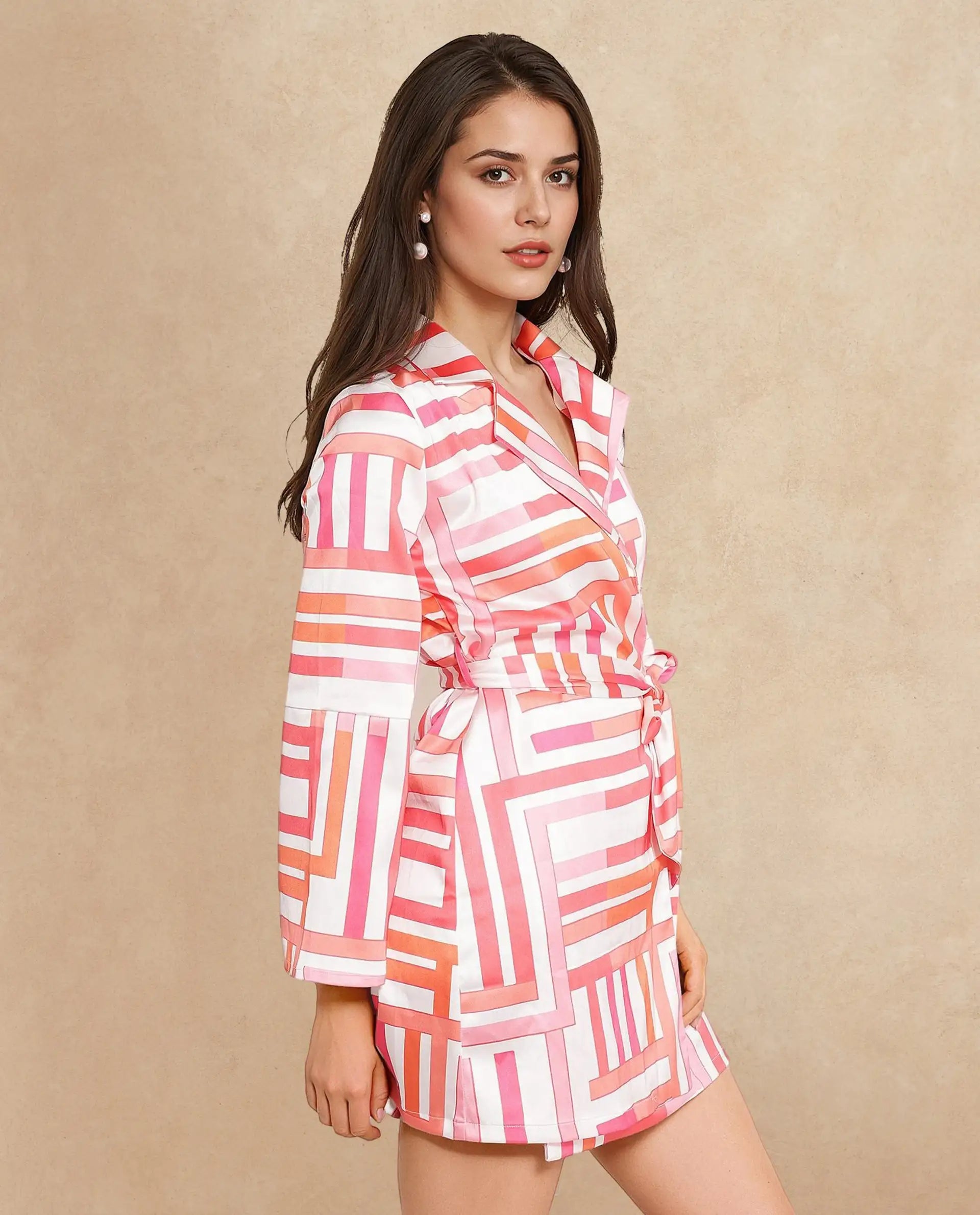 Rareism Women Veracruz Light Multi Bell Sleeves Lapel Neck Tie Up Straight Fit Geometric Print Mini Dress