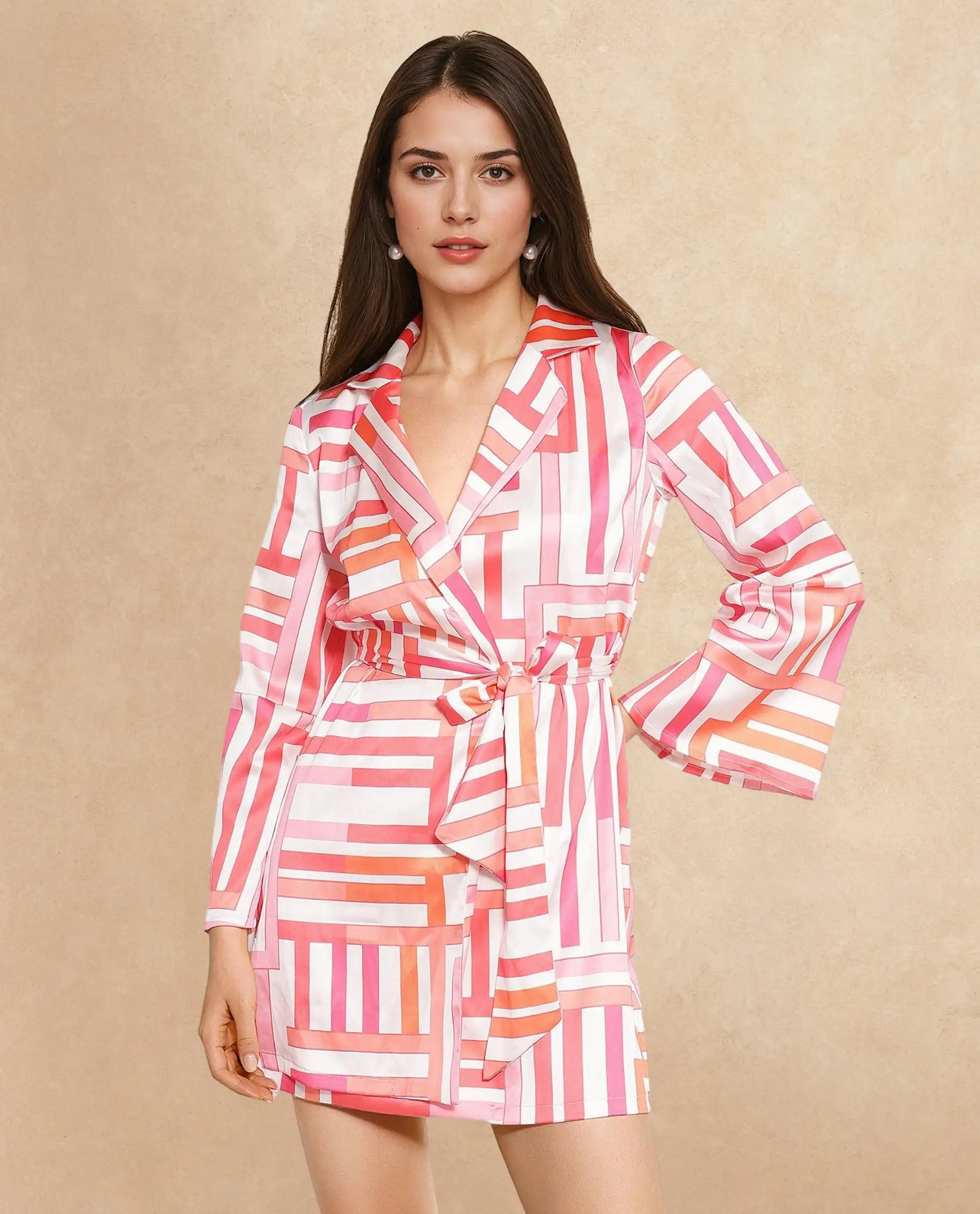 Rareism Women Veracruz Light Multi Bell Sleeves Lapel Neck Tie Up Straight Fit Geometric Print Mini Dress