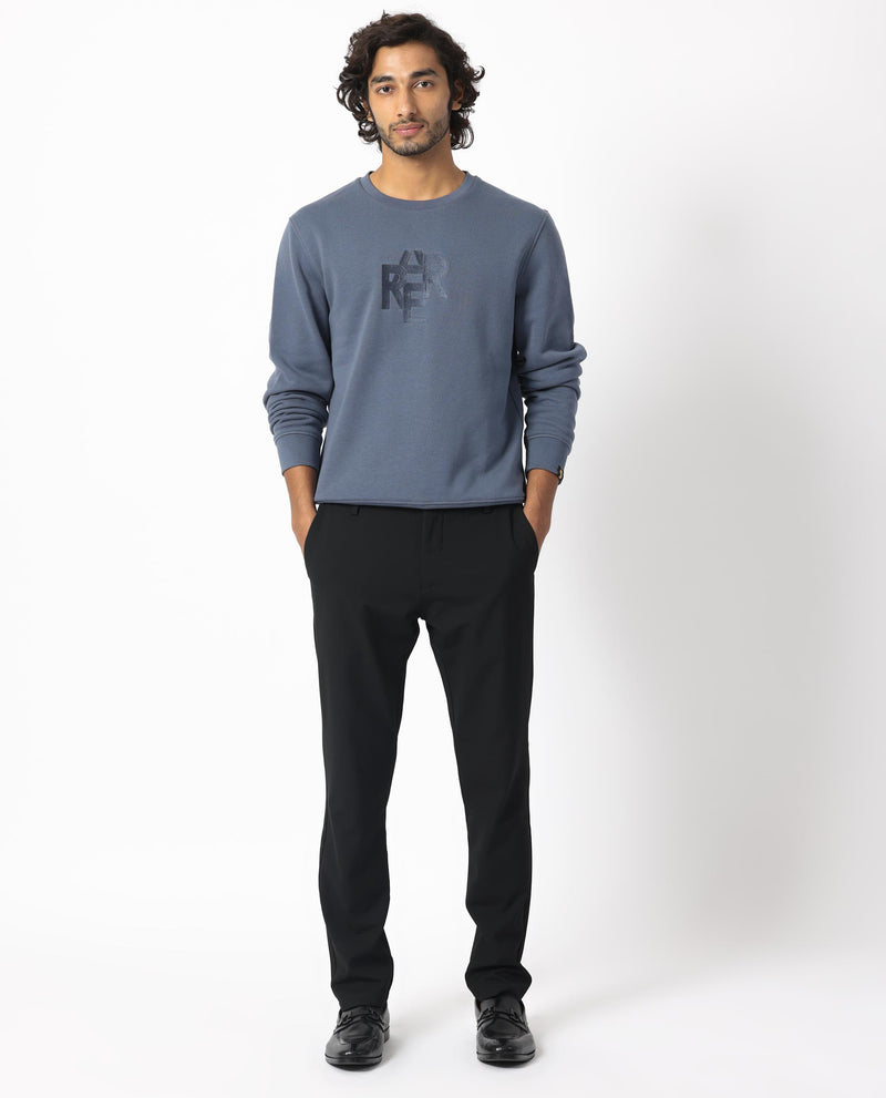RARE RABBIT MENS VERANO BLUE SWEATSHIRT COTTON POLYESTER FABRIC ROUND NECK KNITTED FULL SLEEVES COMFORTABLE FIT