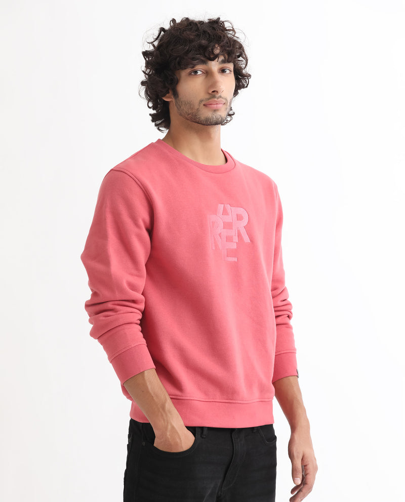 Rare Rabbit Men's Verano Dusky Pink Cotton Polyester Fabric Full Sleeves Satin Embroidery Branding Knitted Sweatshirt