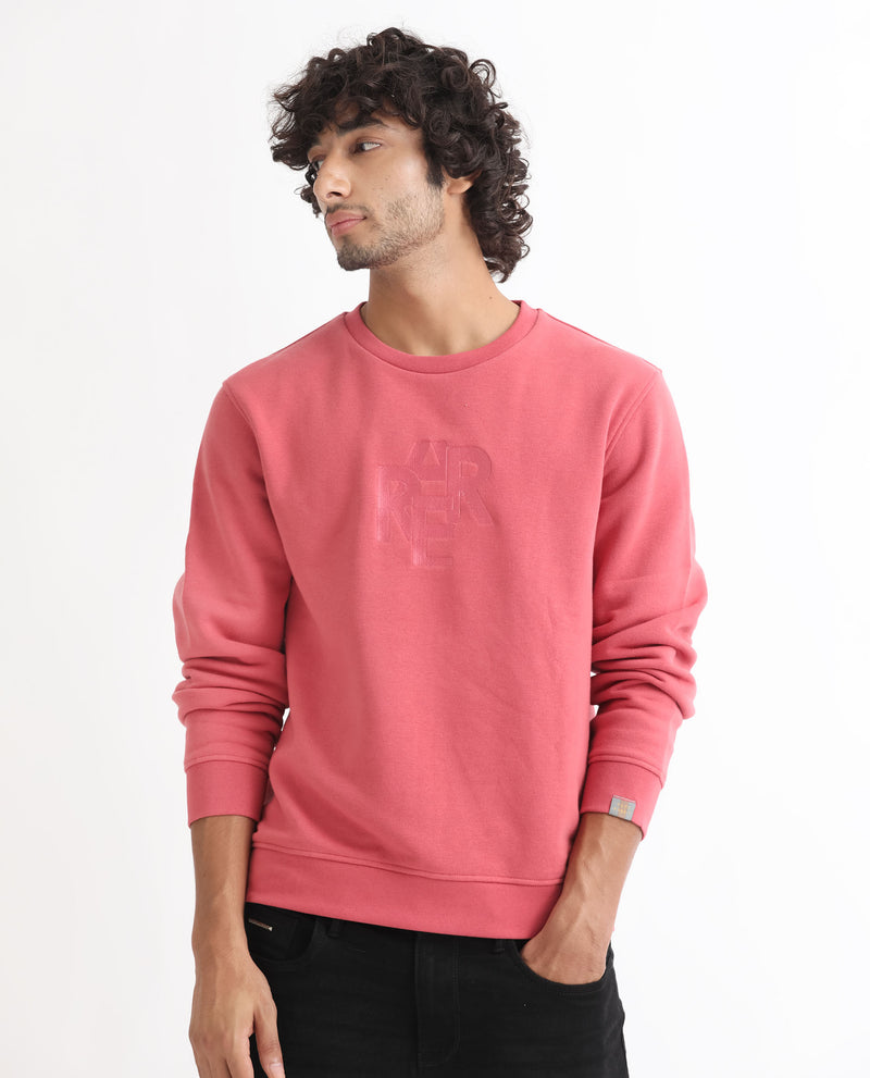 Rare Rabbit Men's Verano Dusky Pink Cotton Polyester Fabric Full Sleeves Satin Embroidery Branding Knitted Sweatshirt