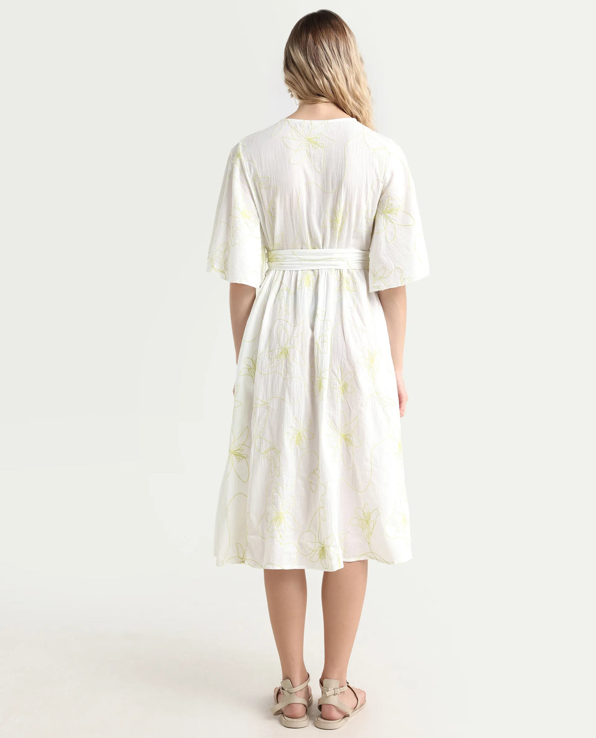 Rareism Women's Vera White Cotton Crew Neck Embroidered Bell Sleeve Maxi Fit And Flare Dress