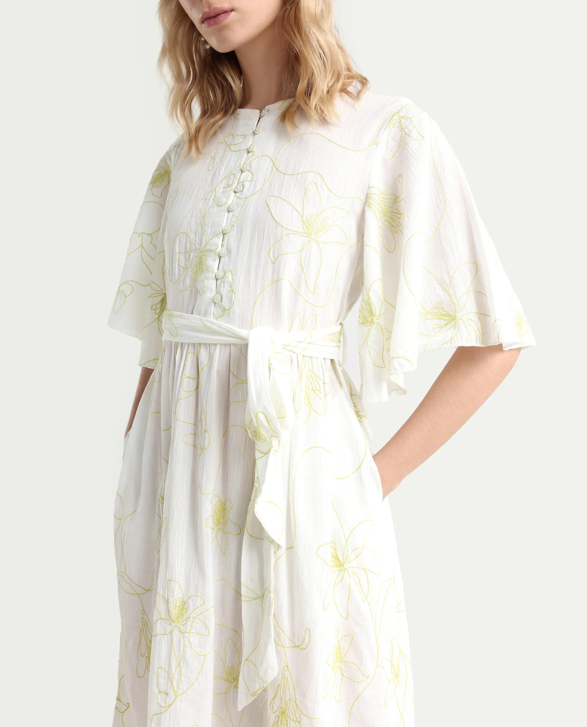 Rareism Women's Vera White Cotton Crew Neck Embroidered Bell Sleeve Maxi Fit And Flare Dress