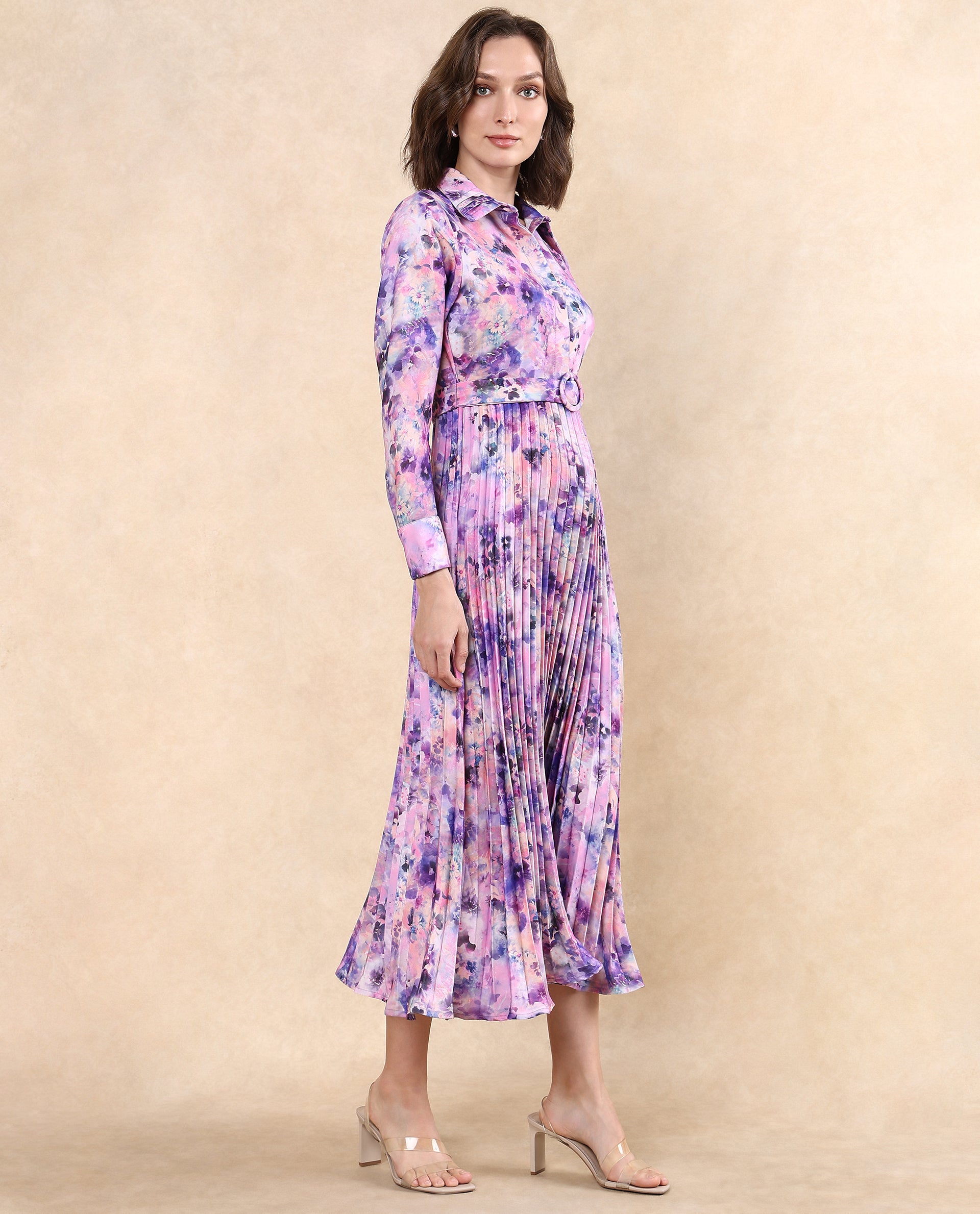 Rareism Women Verdem Pastel Multi Polyester Fabric Bishop Sleeve Collared Neck Button Closure Flared Maxi Floral Print Dress