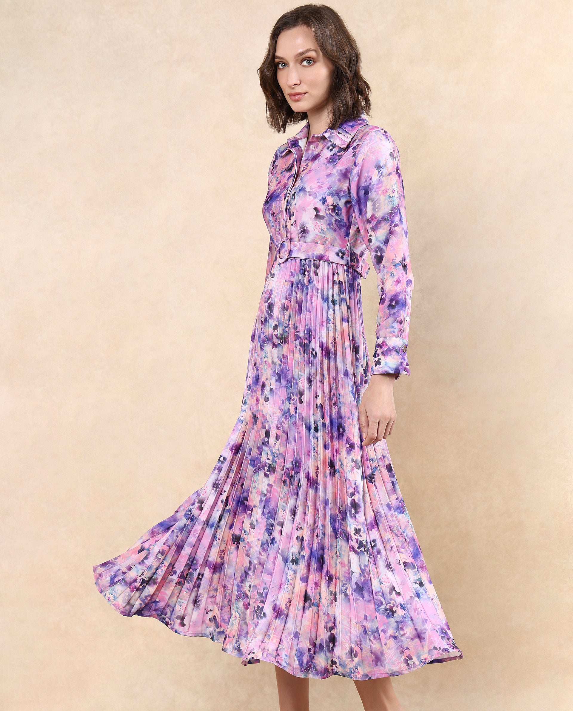 Rareism Women Verdem Pastel Multi Polyester Fabric Bishop Sleeve Collared Neck Button Closure Flared Maxi Floral Print Dress