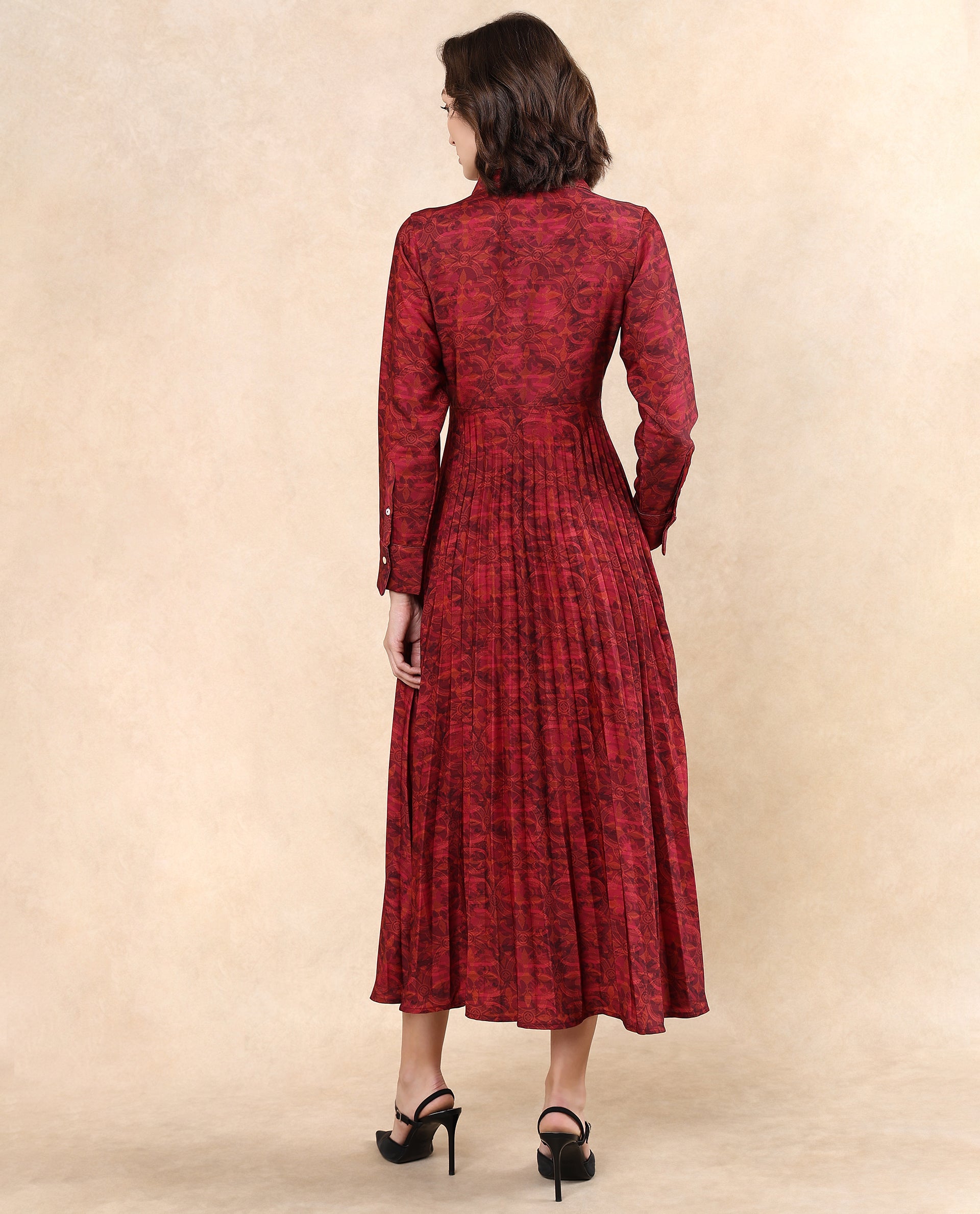 Rareism Women Verde Multi Polyester Fabric Cuffed Sleeve Collared Neck Button Closure Flared Maxi Floral Print Dress