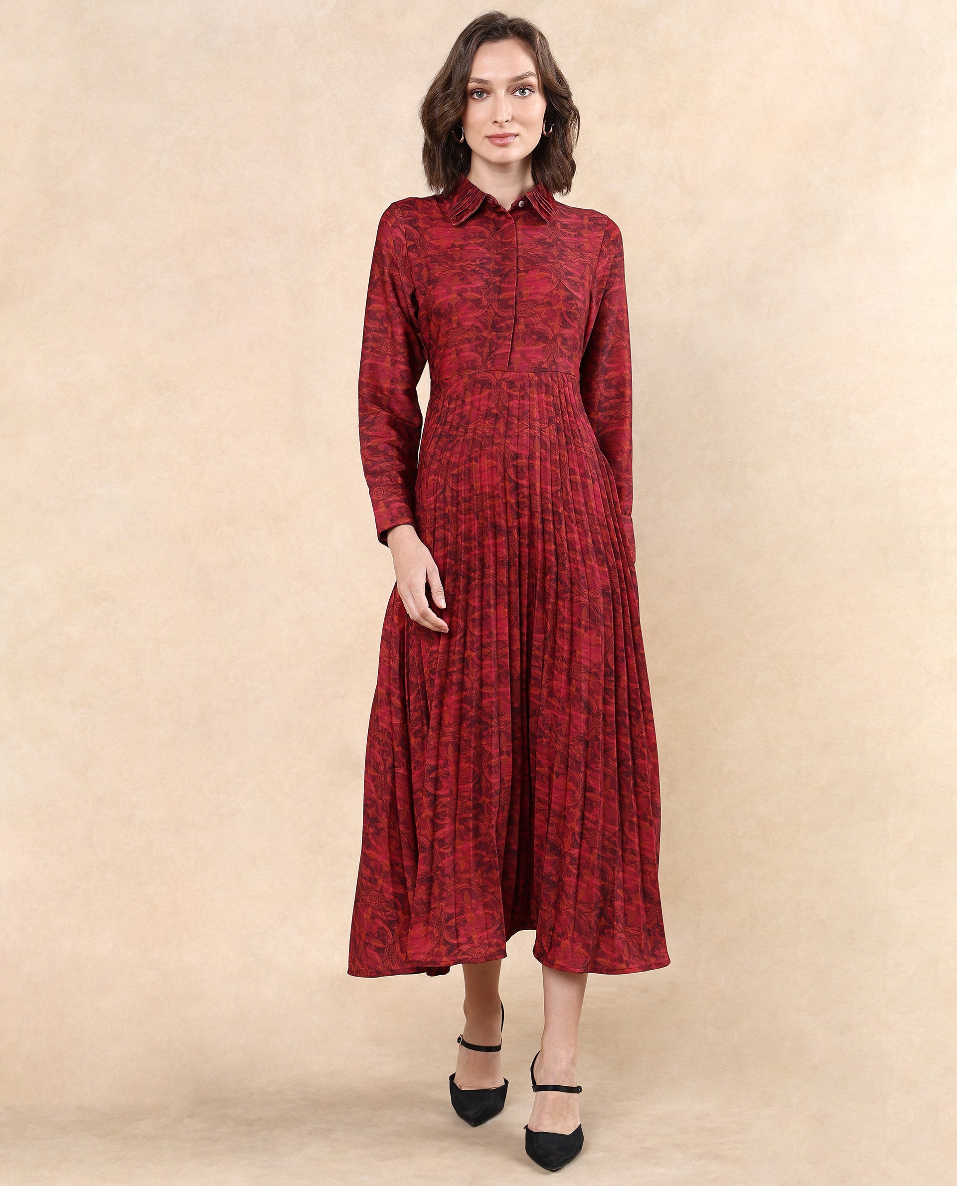 Rareism Women Verde Multi Polyester Fabric Cuffed Sleeve Collared Neck Button Closure Flared Maxi Floral Print Dress