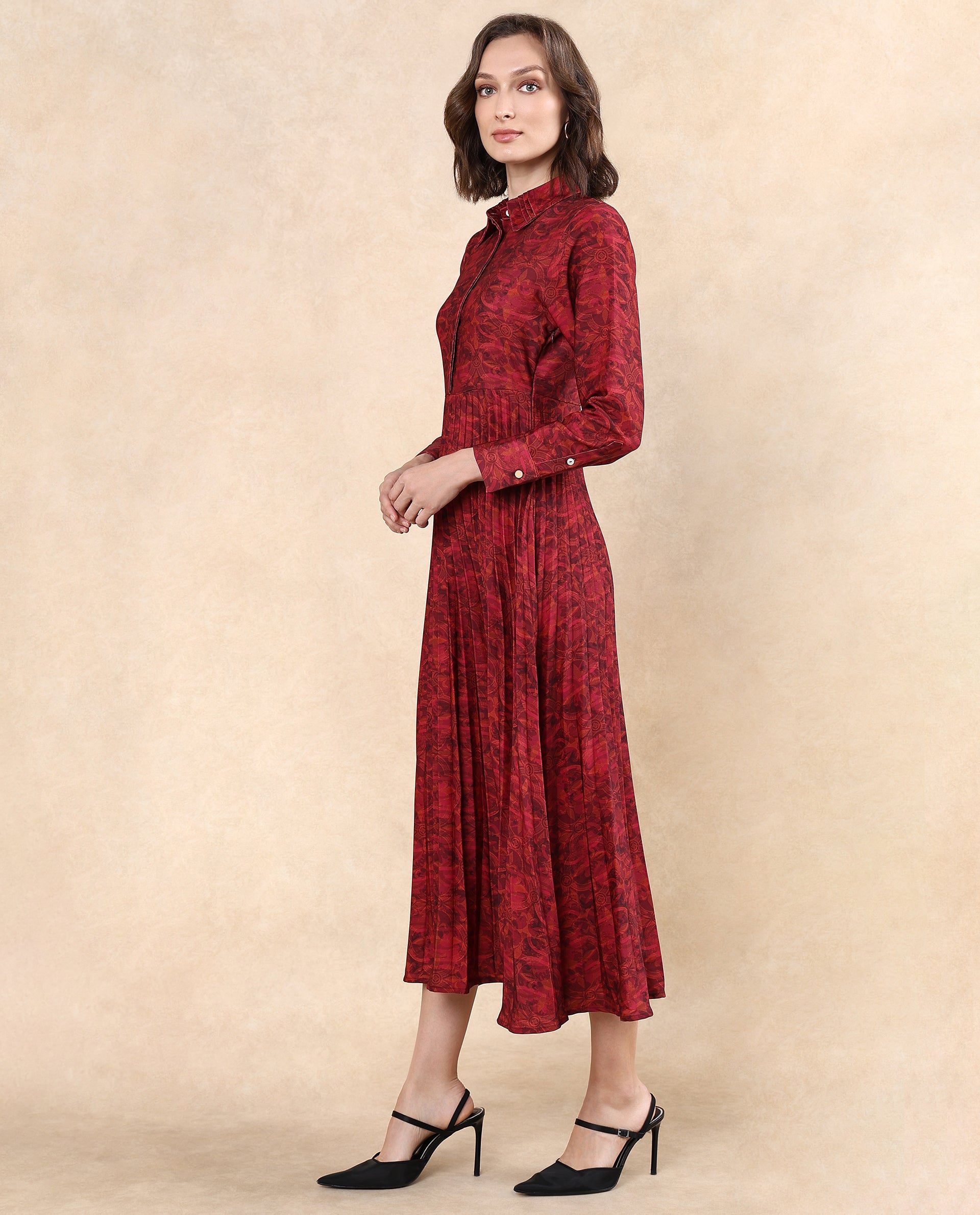 Rareism Women Verde Multi Polyester Fabric Cuffed Sleeve Collared Neck Button Closure Flared Maxi Floral Print Dress