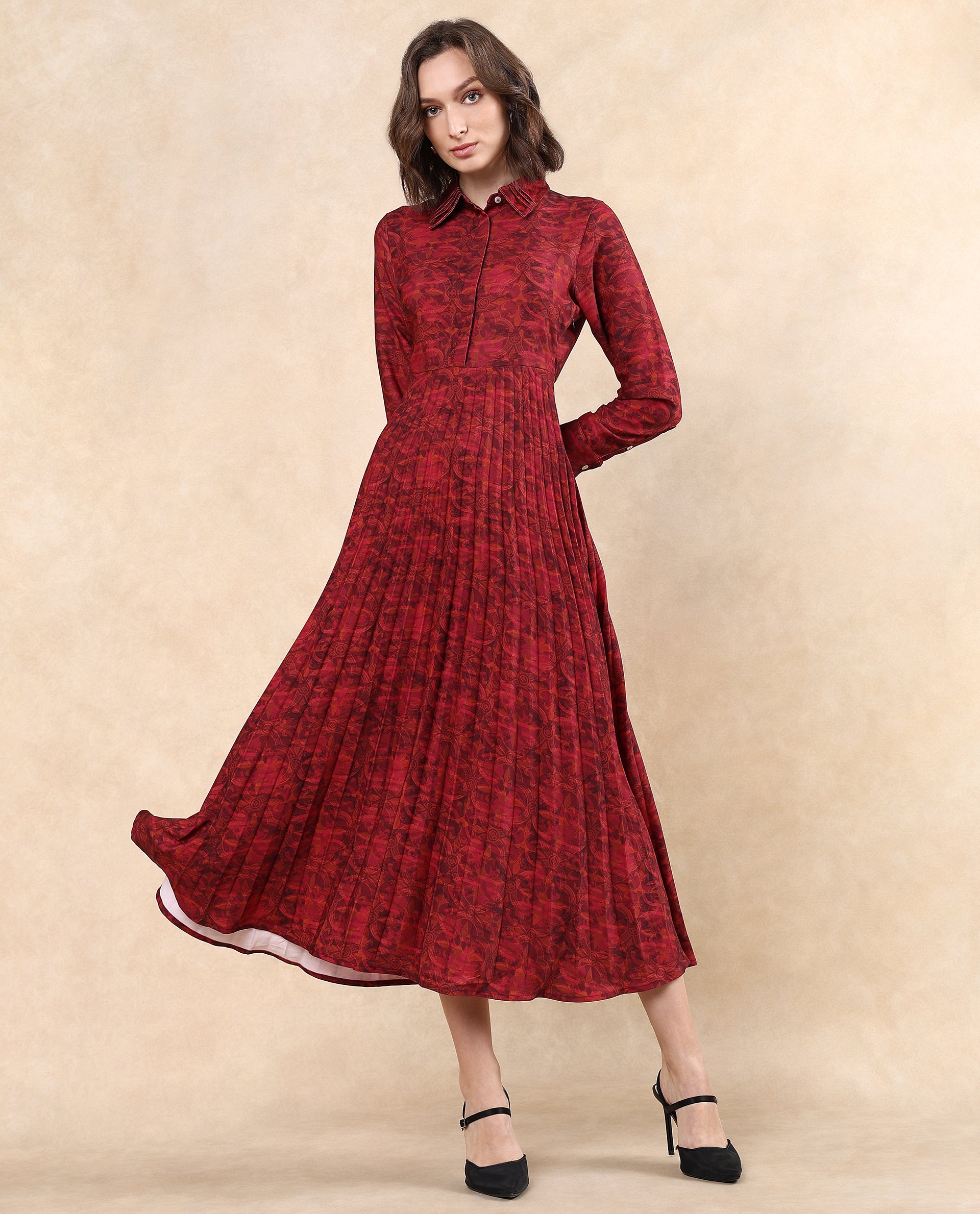 Rareism Women Verde Multi Polyester Fabric Cuffed Sleeve Collared Neck Button Closure Flared Maxi Floral Print Dress