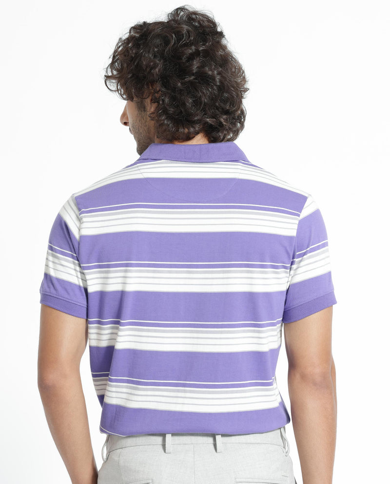 Rare Rabbit Men's Verdun Dark Purple Cotton Fabric Collared Neck Half Sleeves Striped Polo T-Shirt