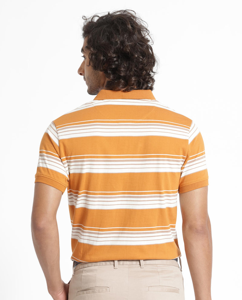 Rare Rabbit Men's Verdun Orange Cotton Fabric Collared Neck Half Sleeves Striped Polo T-Shirt