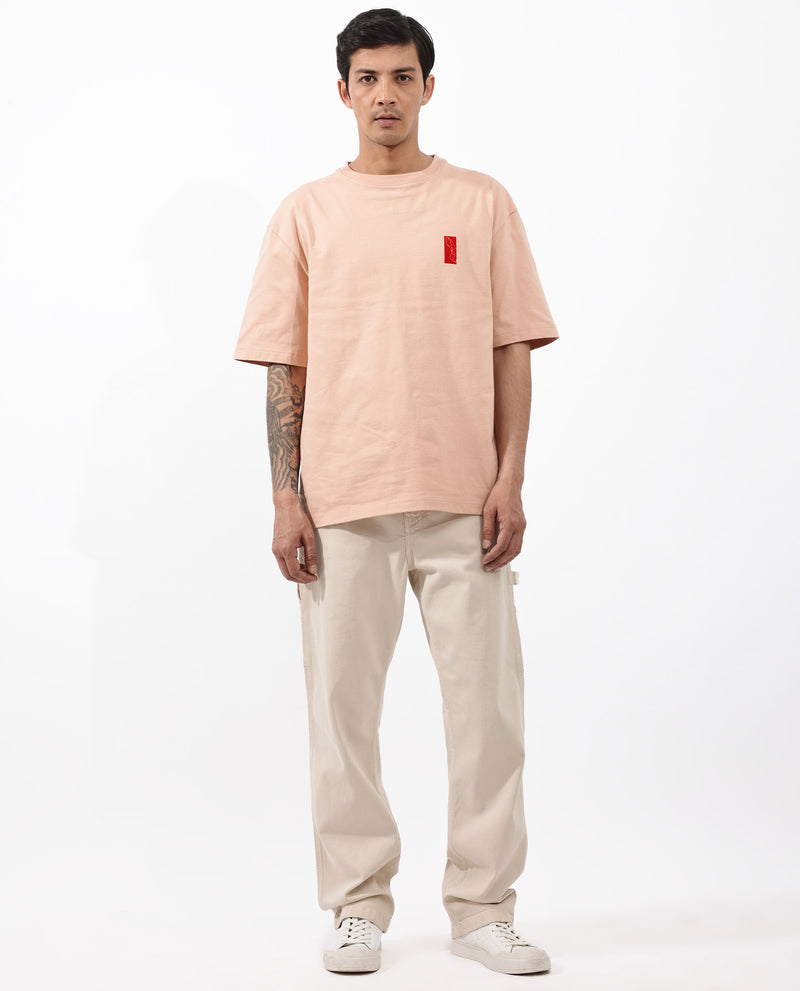 Rare Rabbit Articale Mens Vern Light Orange Cotton Polyester Fabric Short Sleeve Crew Neck Oversized Fit Printed T-Shirt