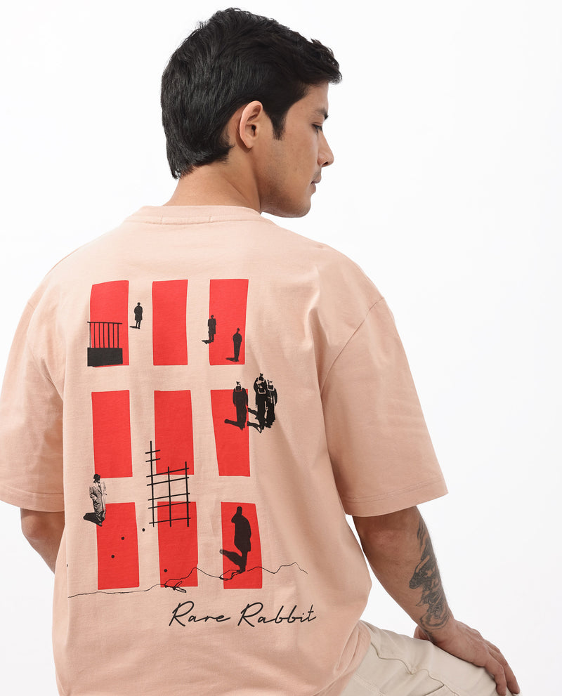 Rare Rabbit Articale Mens Vern Light Orange Cotton Polyester Fabric Short Sleeve Crew Neck Oversized Fit Printed T-Shirt
