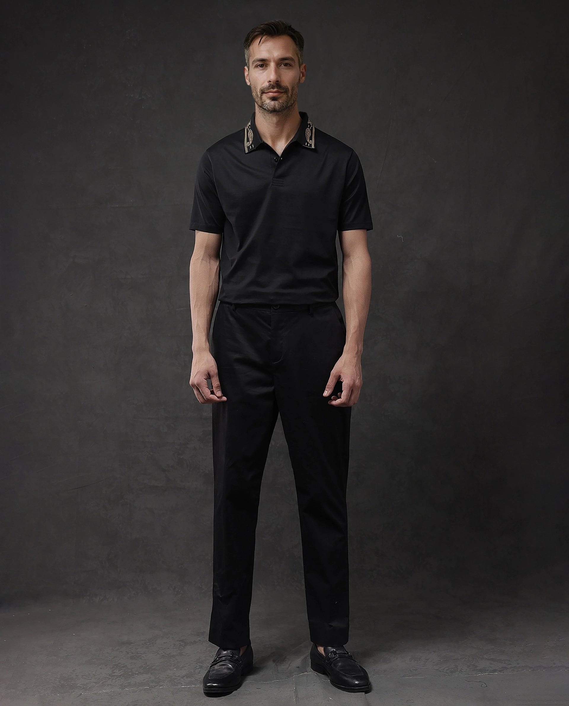 Rare Rabbit Men Vers Black Short Sleeve Collared Neck Button Closure Plain Polo