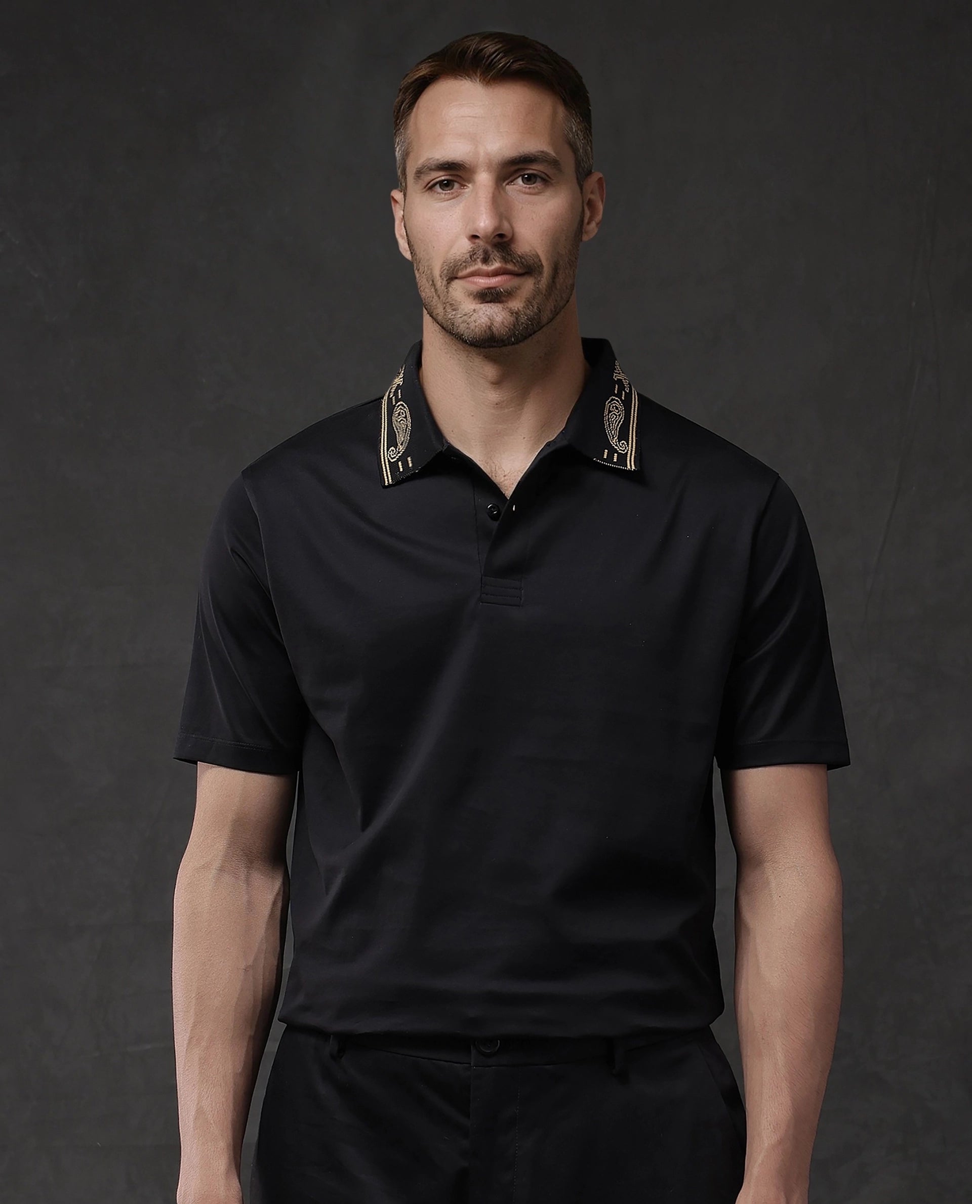 Rare Rabbit Men Vers Black Short Sleeve Collared Neck Button Closure Plain Polo