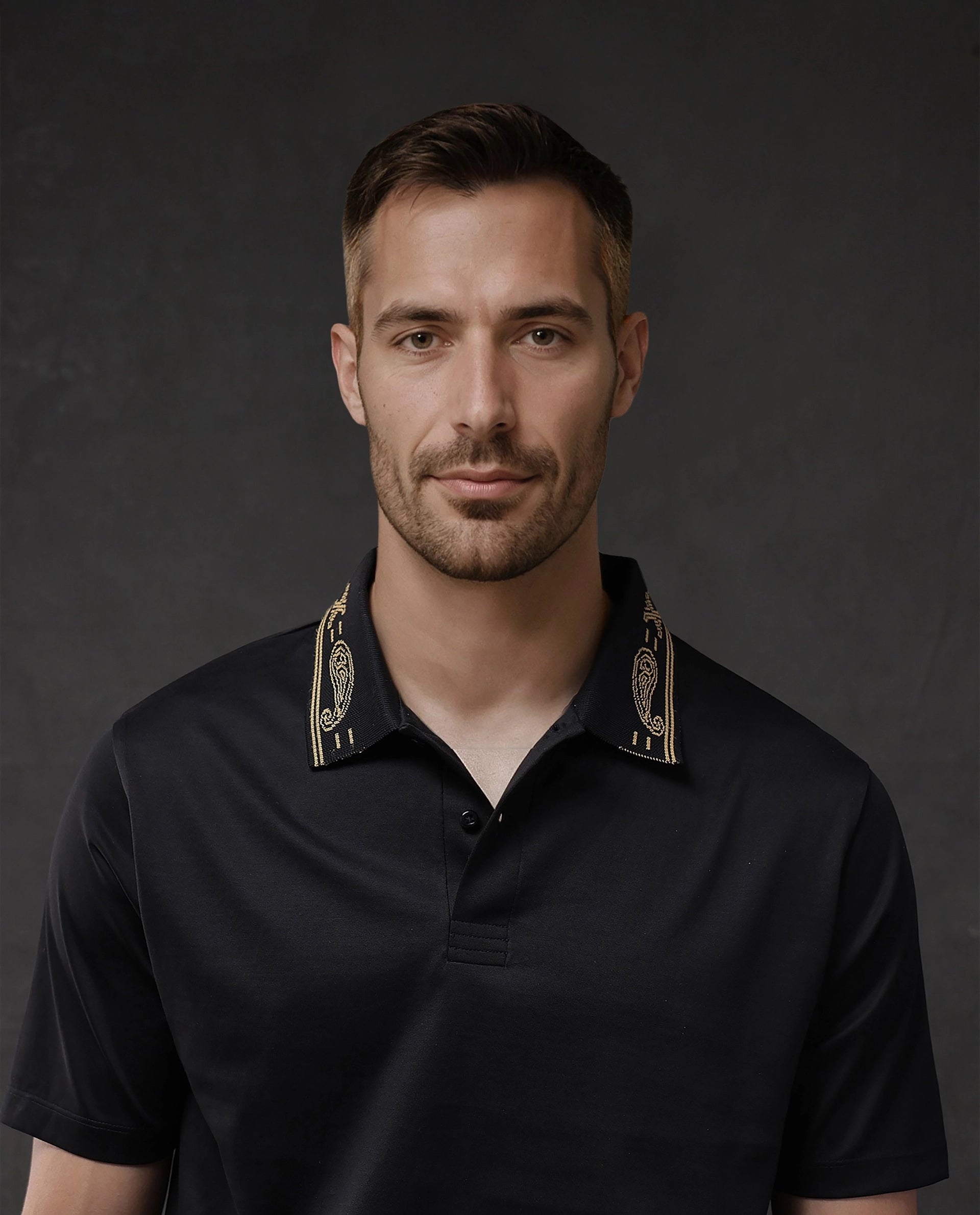 Rare Rabbit Men Vers Black Short Sleeve Collared Neck Button Closure Plain Polo