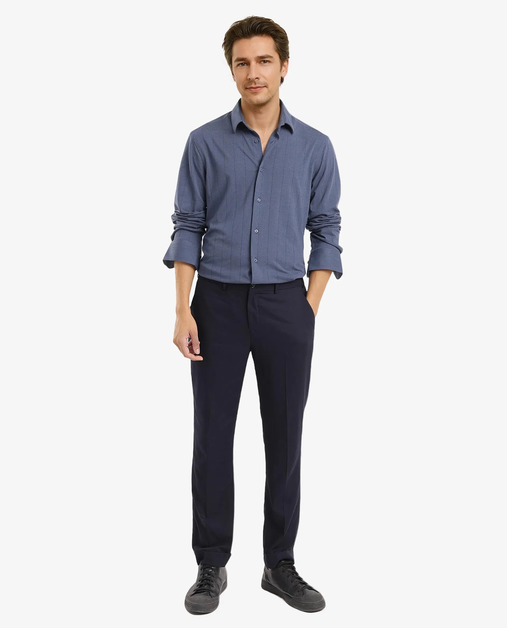 Rare Rabbit Men Vert-3 Dusky Blue Cotton Fabric Full Sleeves Regular Fit Self Stripes Knit Shirt