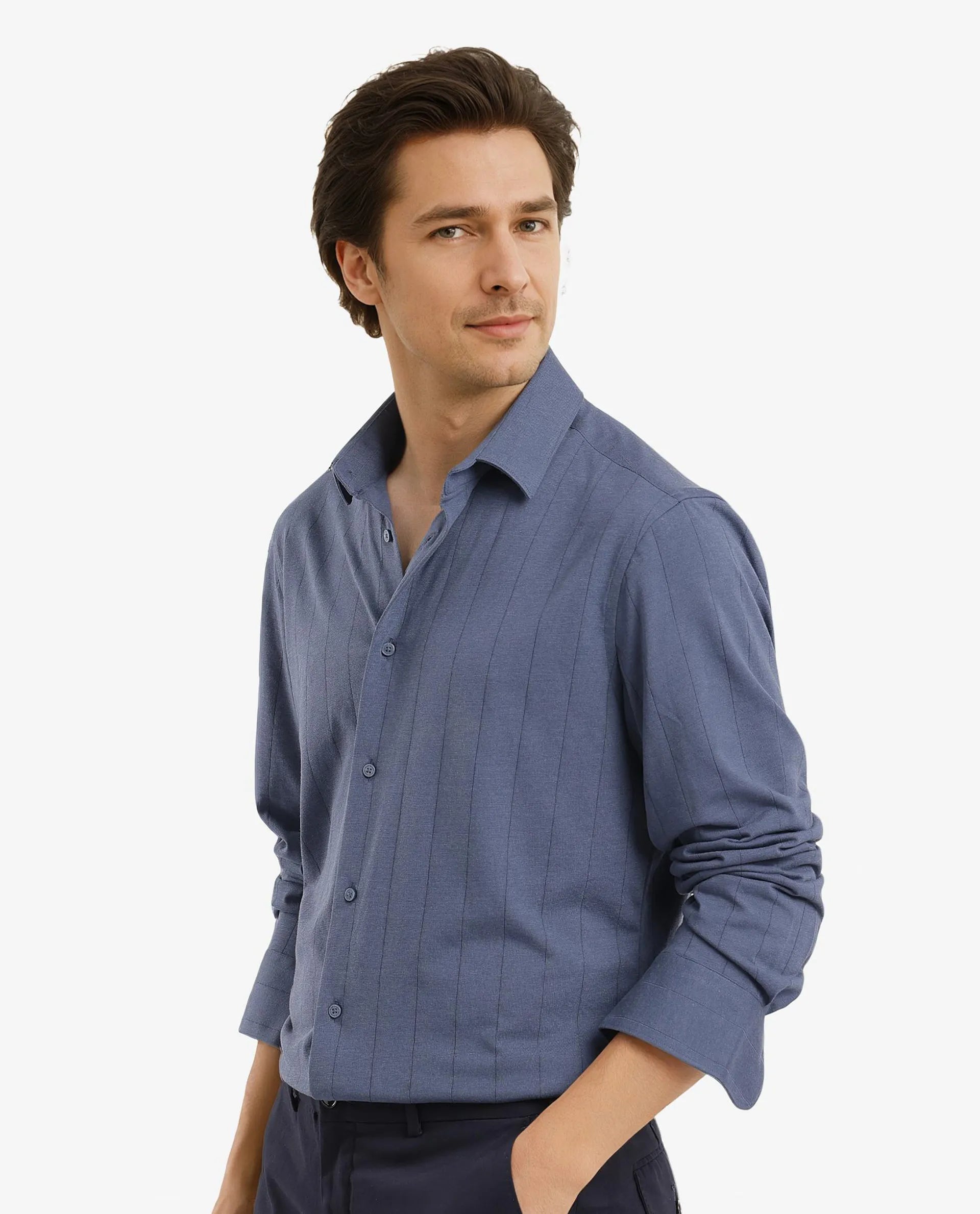 Rare Rabbit Men Vert-3 Dusky Blue Cotton Fabric Full Sleeves Regular Fit Self Stripes Knit Shirt