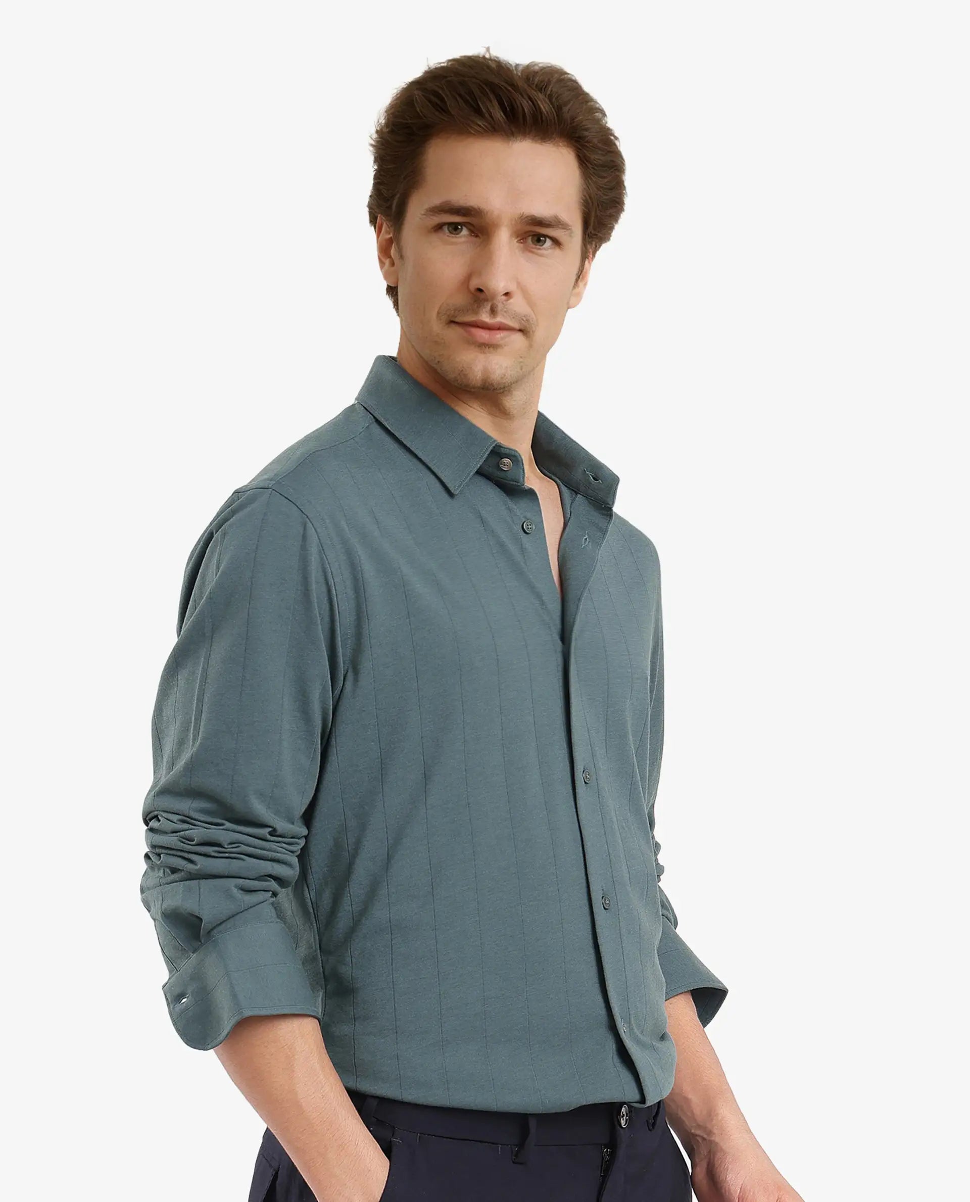 Rare Rabbit Men Vert-3 Dusky Green Cotton Fabric Full Sleeves Regular Fit Self Stripes Knit Shirt