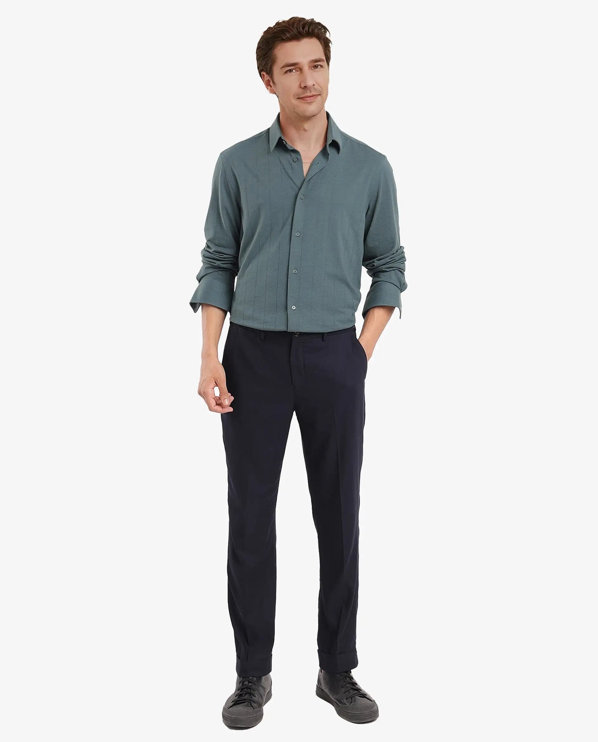 Rare Rabbit Men Vert-3 Dusky Green Cotton Fabric Full Sleeves Regular Fit Self Stripes Knit Shirt