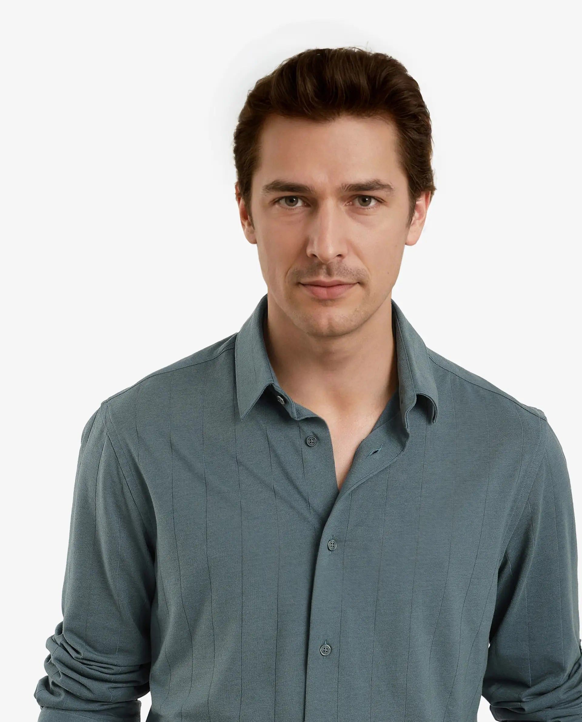 Rare Rabbit Men Vert-3 Dusky Green Cotton Fabric Full Sleeves Regular Fit Self Stripes Knit Shirt