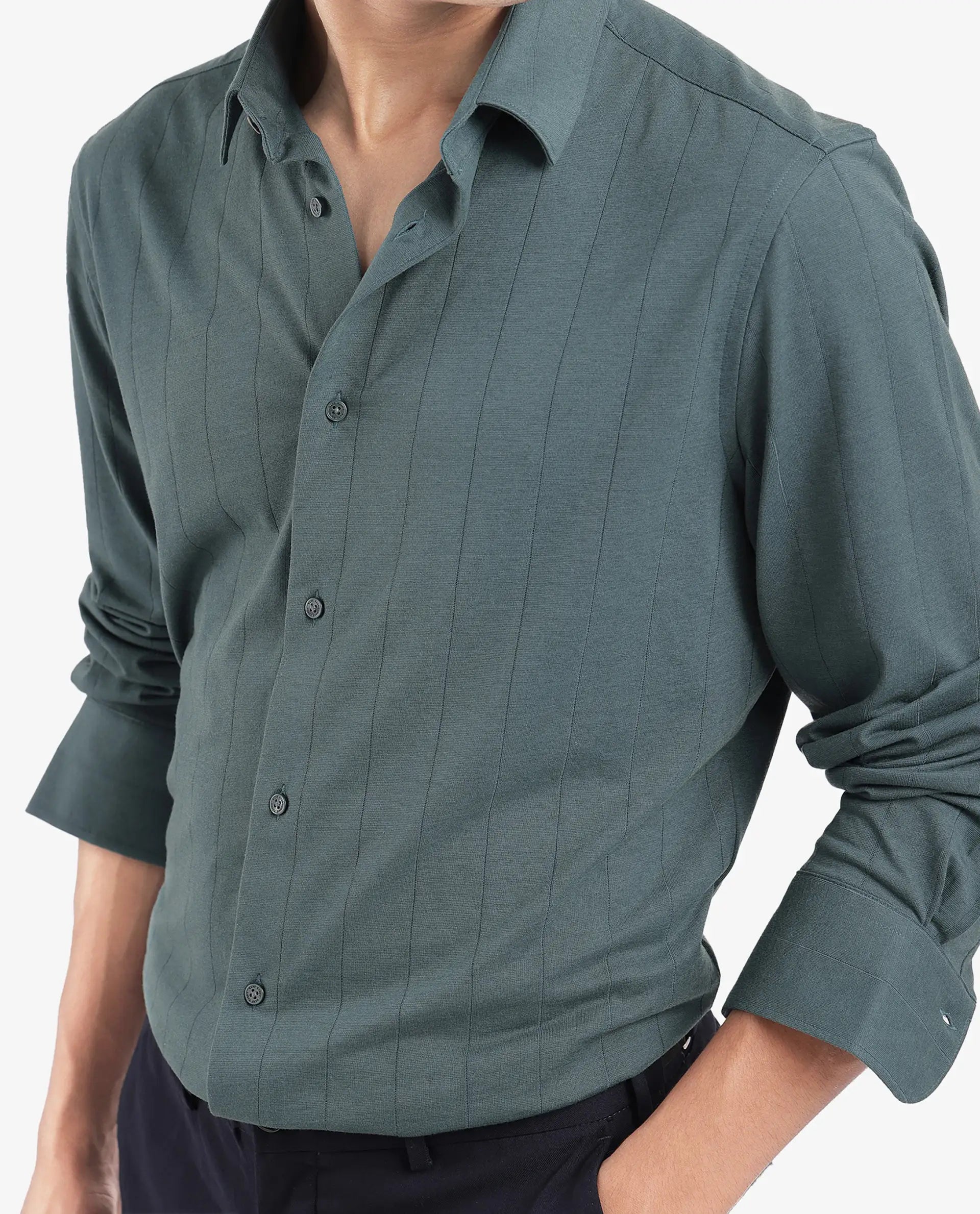 Rare Rabbit Men Vert-3 Dusky Green Cotton Fabric Full Sleeves Regular Fit Self Stripes Knit Shirt