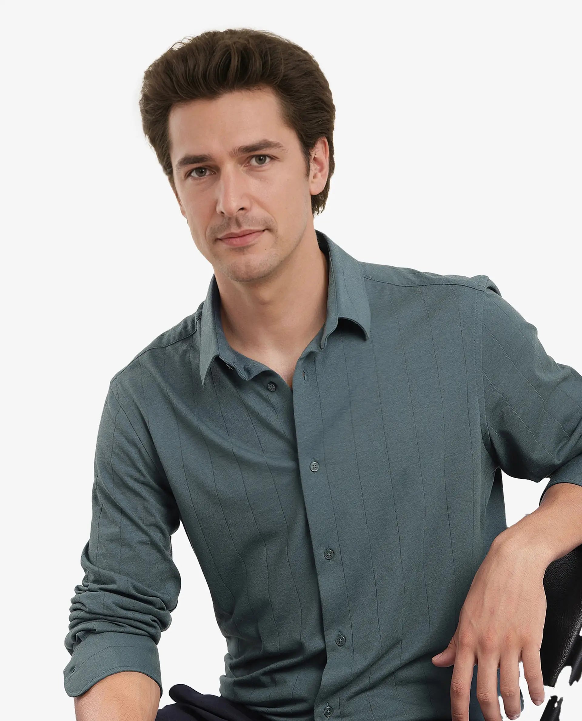 Rare Rabbit Men Vert-3 Dusky Green Cotton Fabric Full Sleeves Regular Fit Self Stripes Knit Shirt